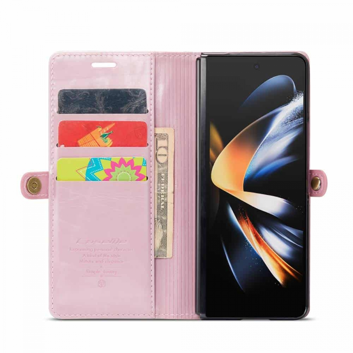 Rosa Handyhülle im Brieftaschenstil, offen, mit Handy. Mit Kartenfächern und Geldfach.