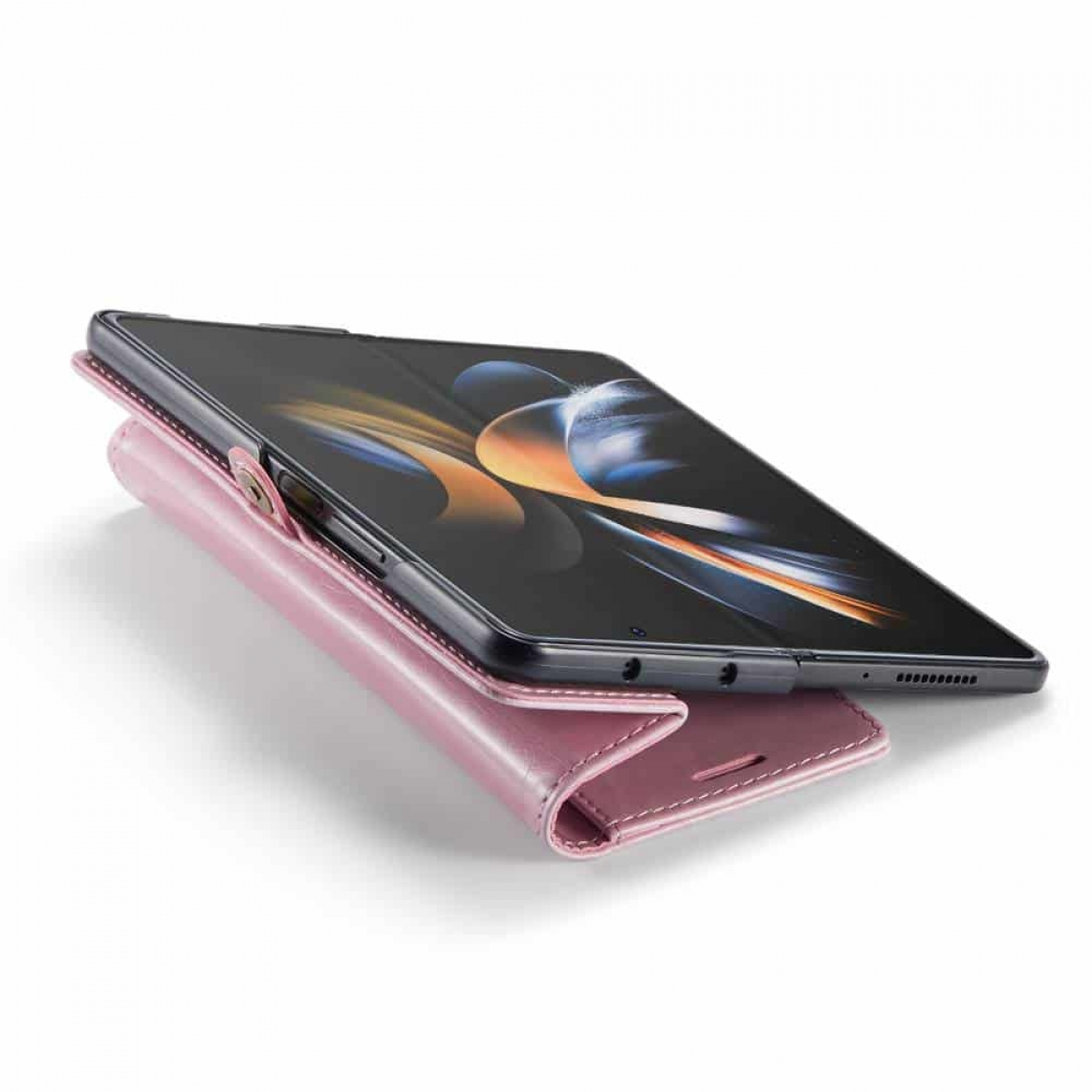 Rosa faltbare Tablethülle mit einem schwarzen Tablet darin, auf weißer Oberfläche.