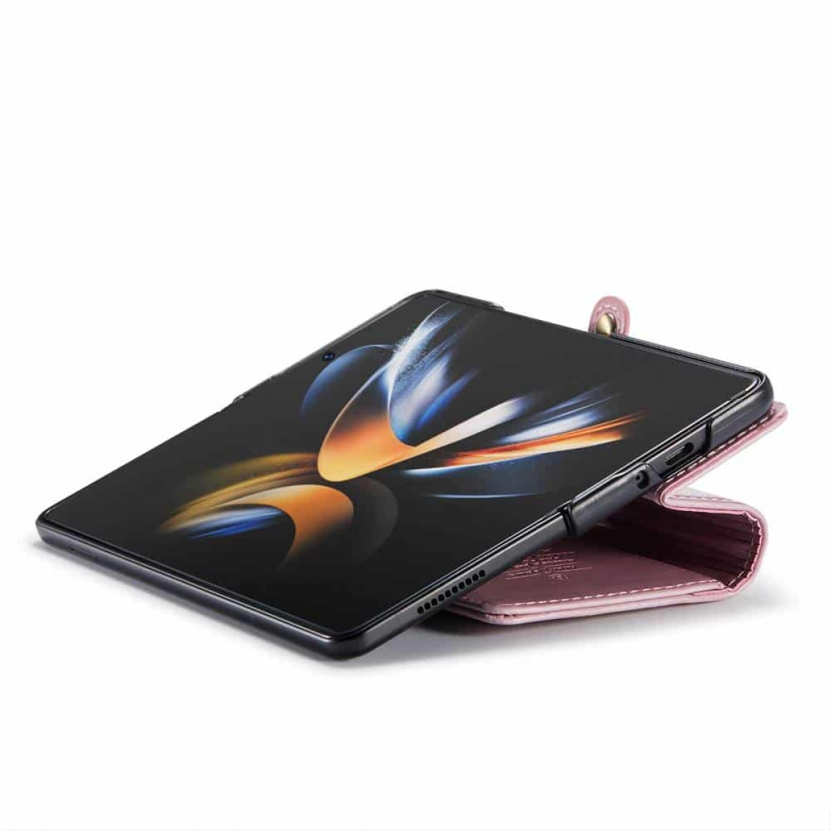 Eine gefaltete schwarze und lila Handyhülle auf weißer Oberfläche, mit einem Telefon darin.