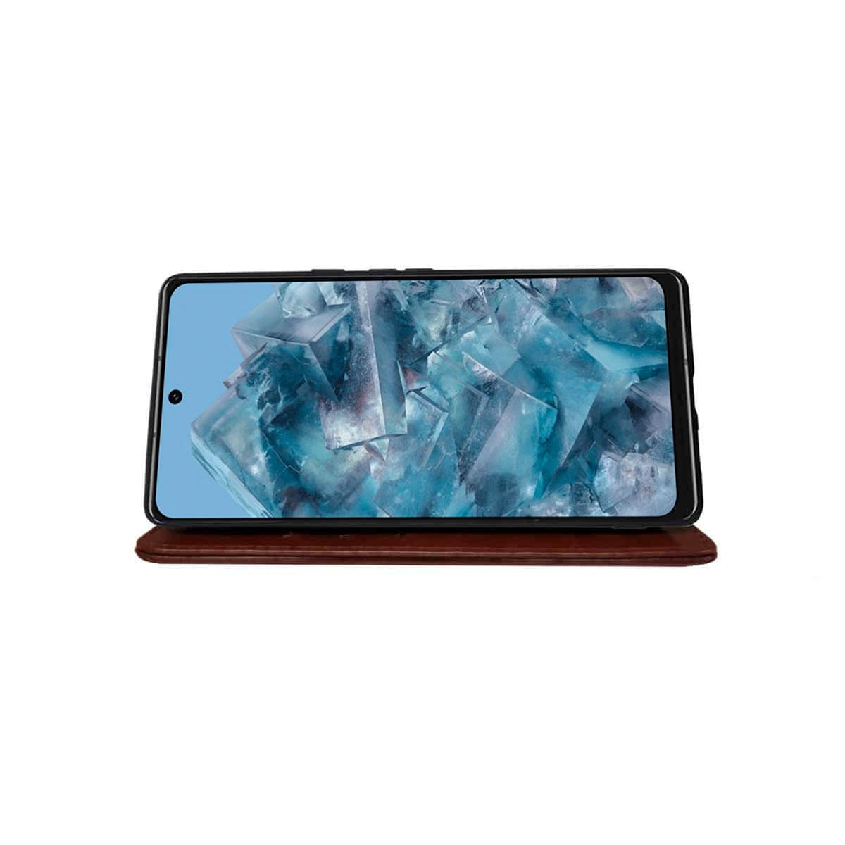 Ein Telefon zeigt ein blaues, kristallines Bild, das auf einer braunen, lederartigen Oberfläche liegt.