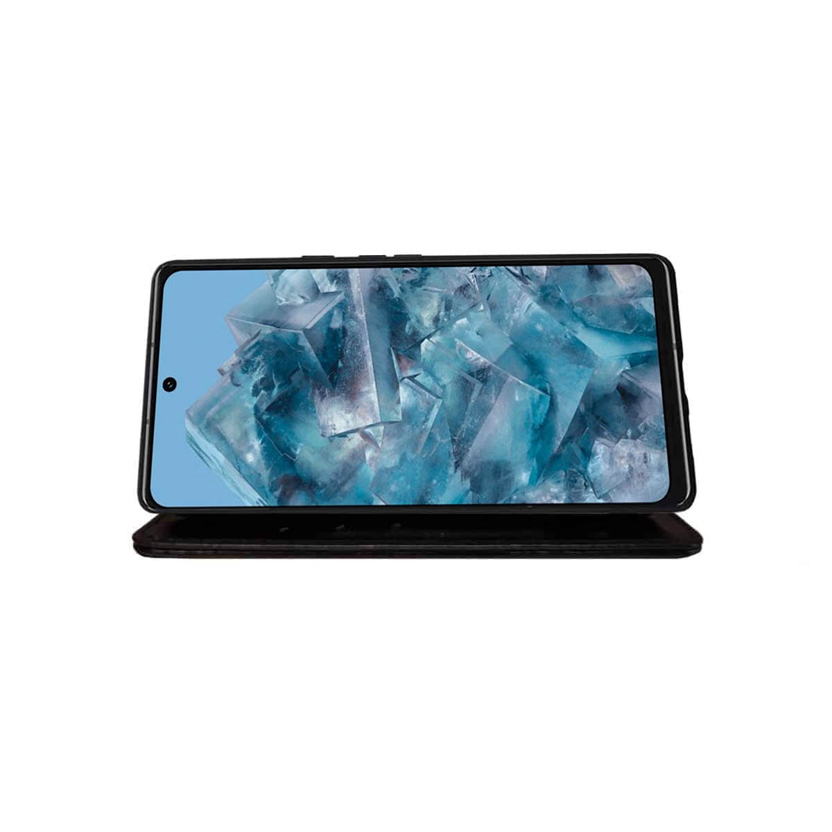 Telefon mit blauem Bildschirm und schwarzer Hülle auf schwarzem Gehäuse.