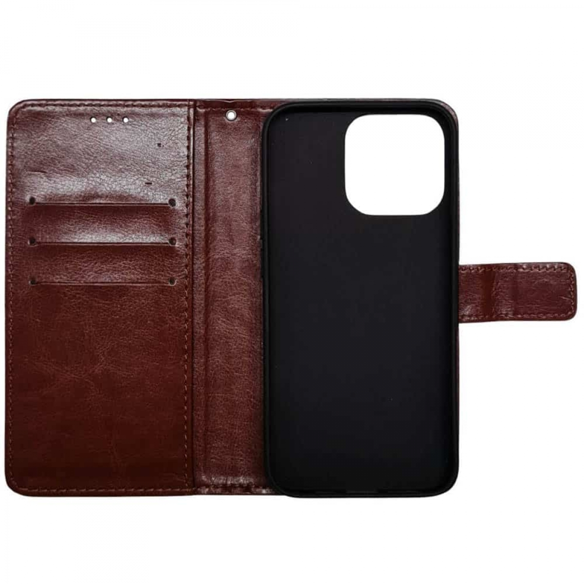 Eine braune Brieftaschen-Handyhülle mit einem schwarzen Telefon im Inneren. Es ist offen.