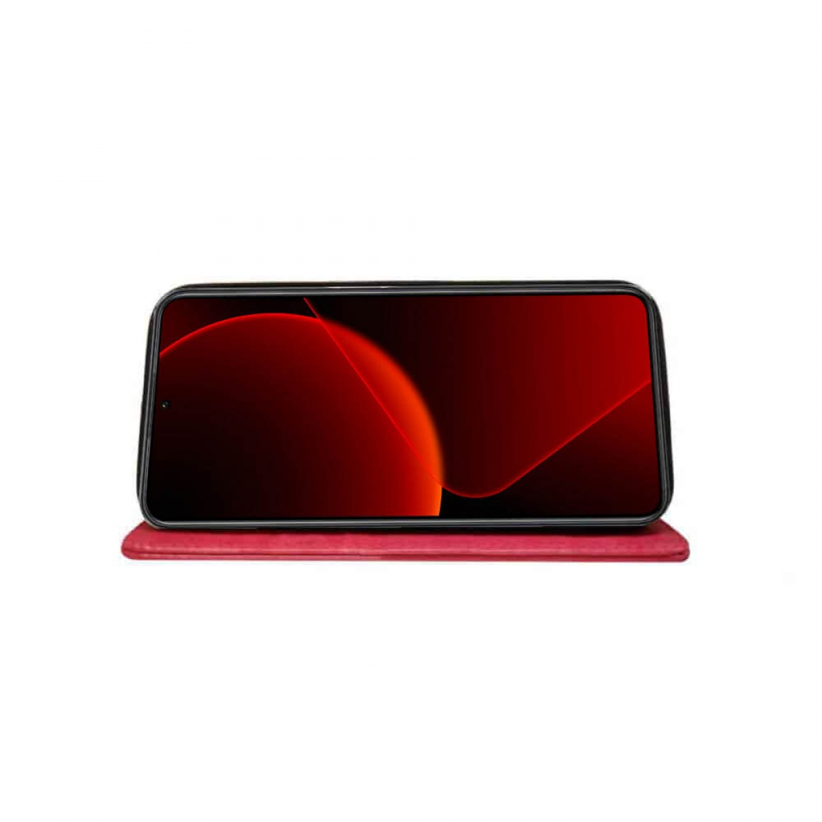Rote Handyhülle mit Telefon, der Bildschirm zeigt eine rote Grafik.