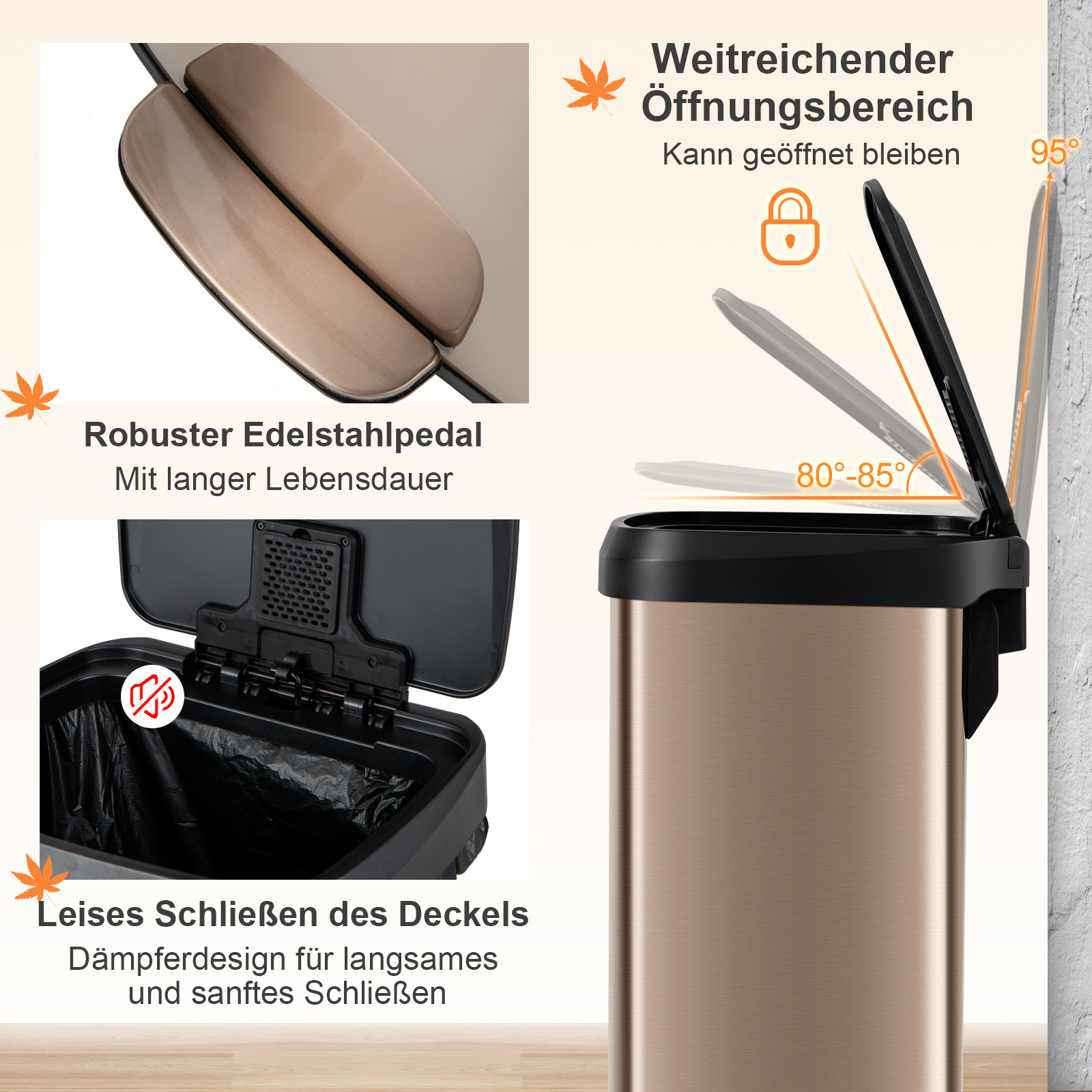 Goldener Mülleimer mit offenem Deckel. Zeigt inneren schwarzen Behälter. Details auf Deutsch.