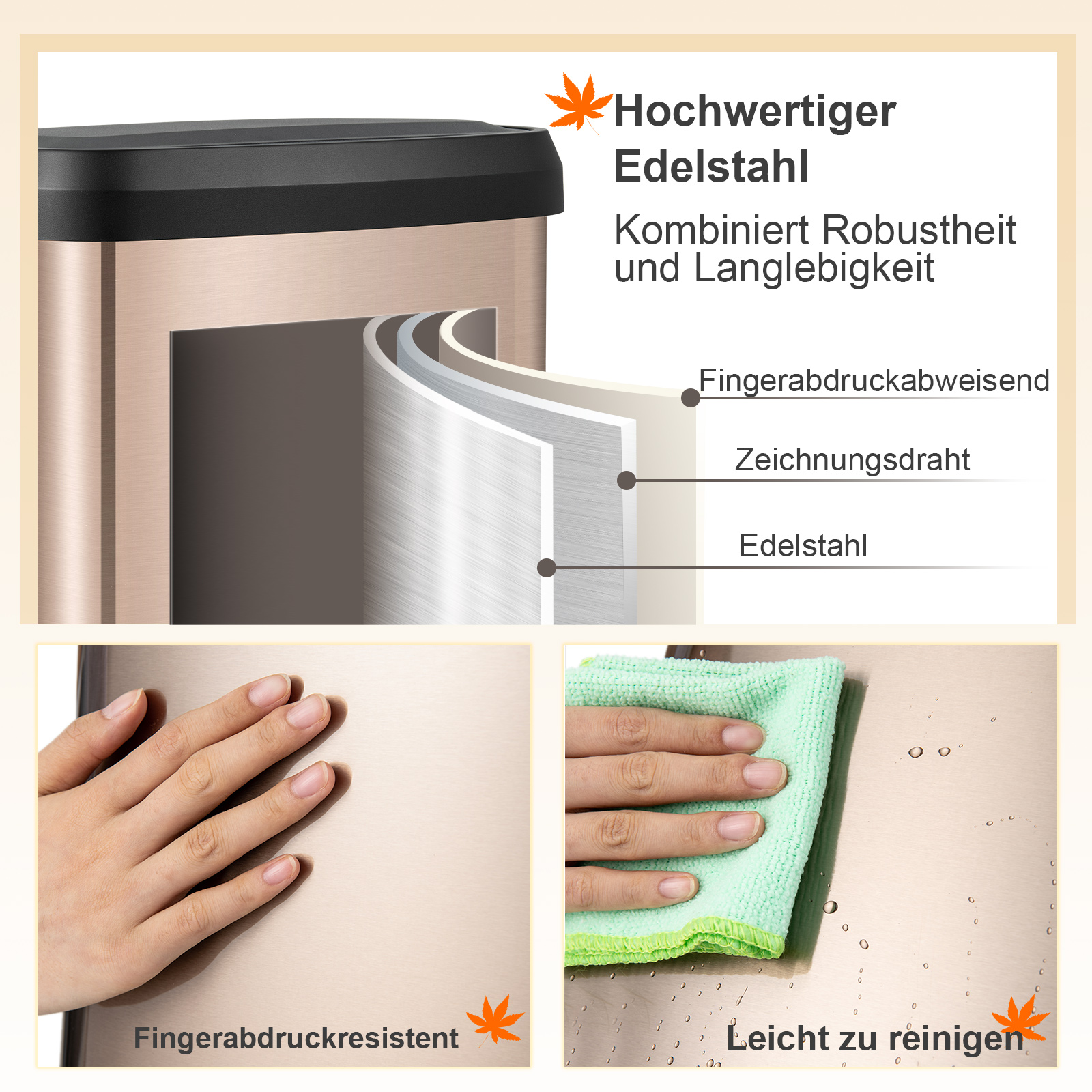 Nahaufnahme eines Mülleimers aus gebürstetem Stahl. Enthält Text und eine Hand.