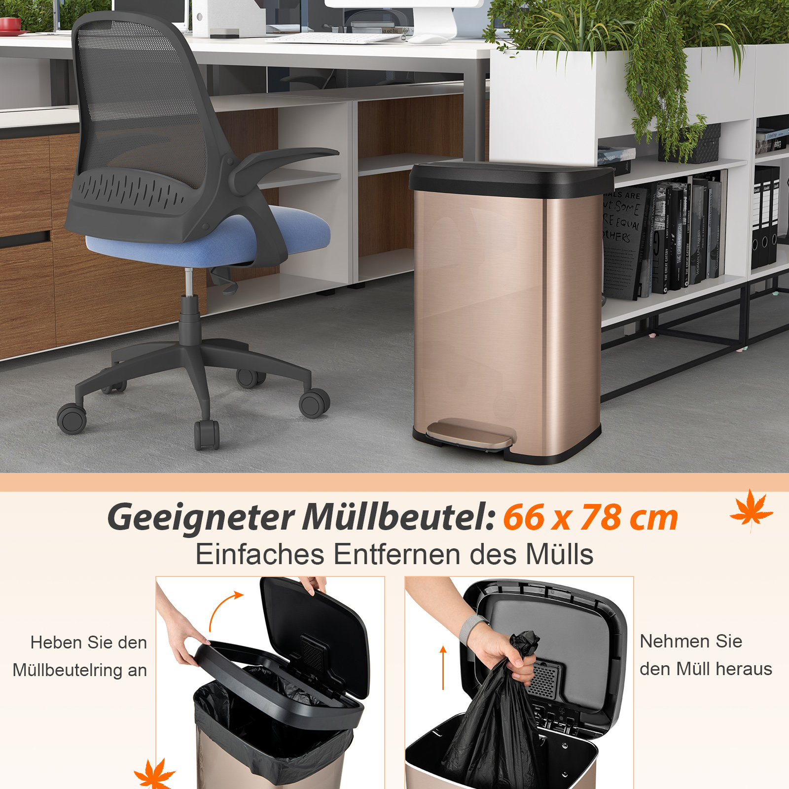 Ein bronzefarbener Mülleimer neben einem Bürostuhl, mit Text zur Beutelgröße.