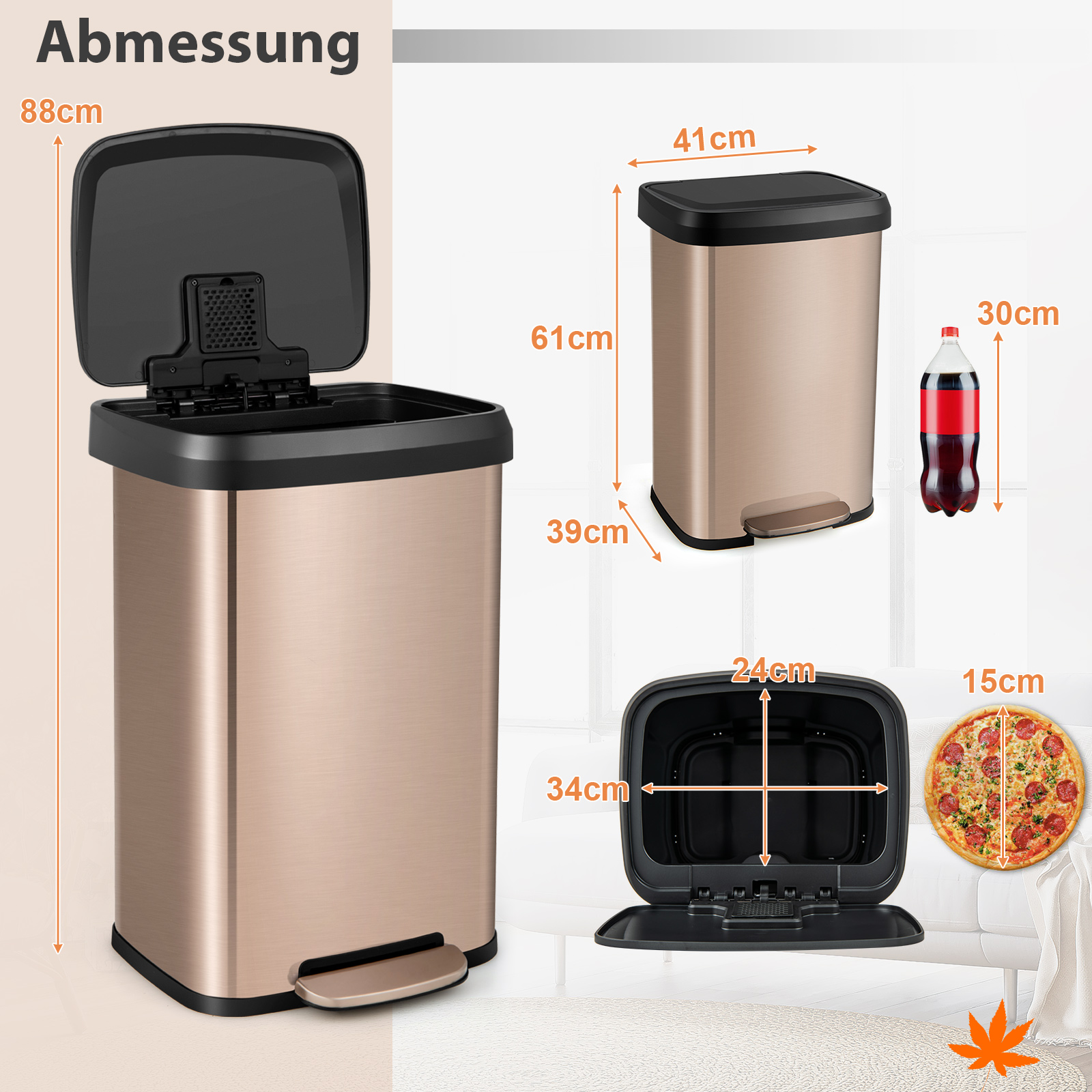Goldfarbene Mülltonne mit Maßen, eine Flasche Soda und Pizza.