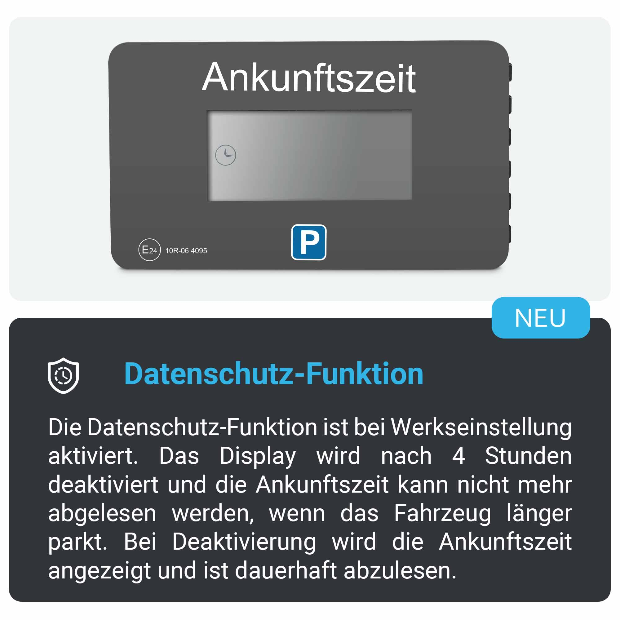 Eine Parkzeitanzeige. Text: 'Ankunftszeit'. Eine Benachrichtigung mit Text zum Datenschutz.