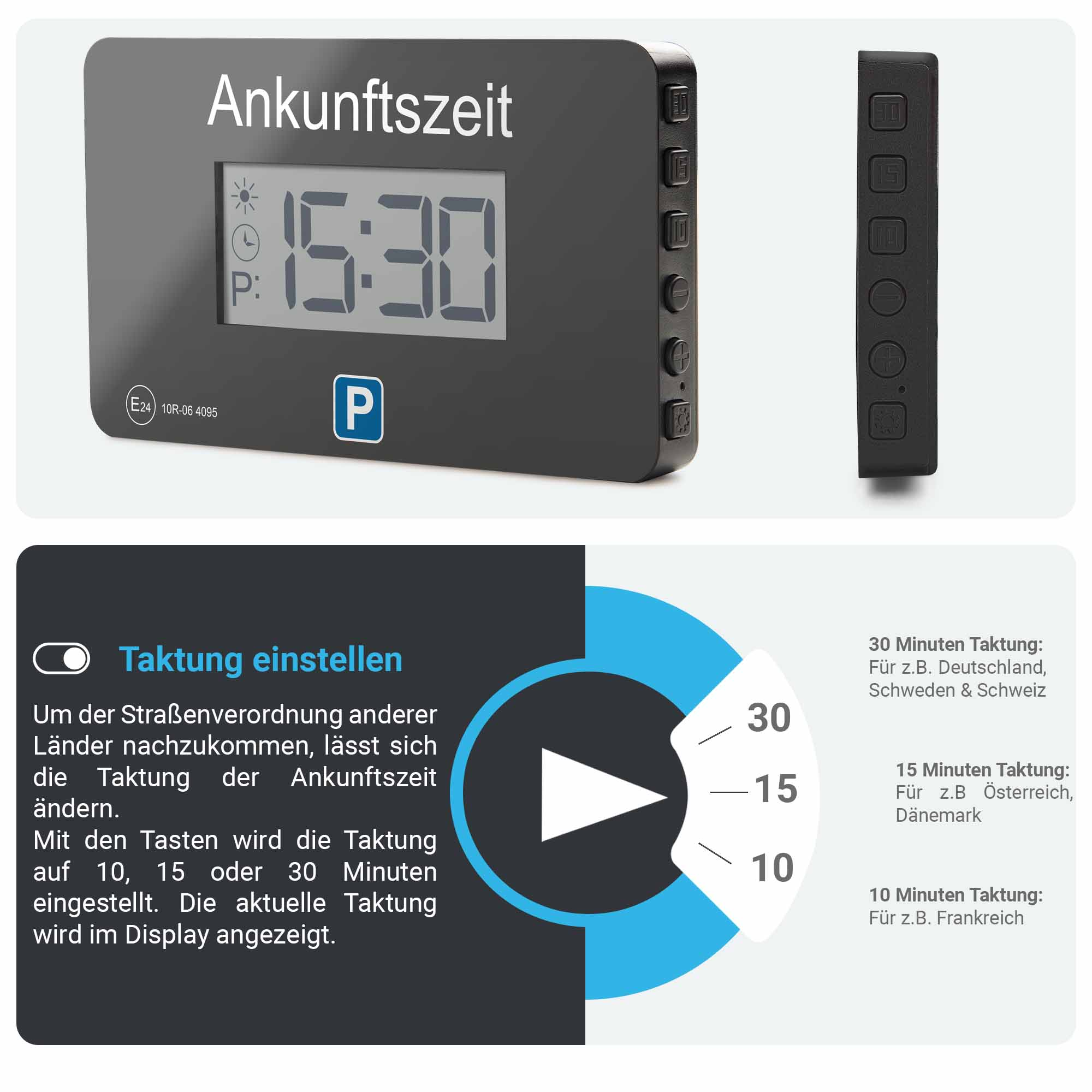 Ein schwarzer Parktimer mit digitaler Anzeige 15:30. Bedienelemente und ein Diagramm sind ebenfalls abgebildet.