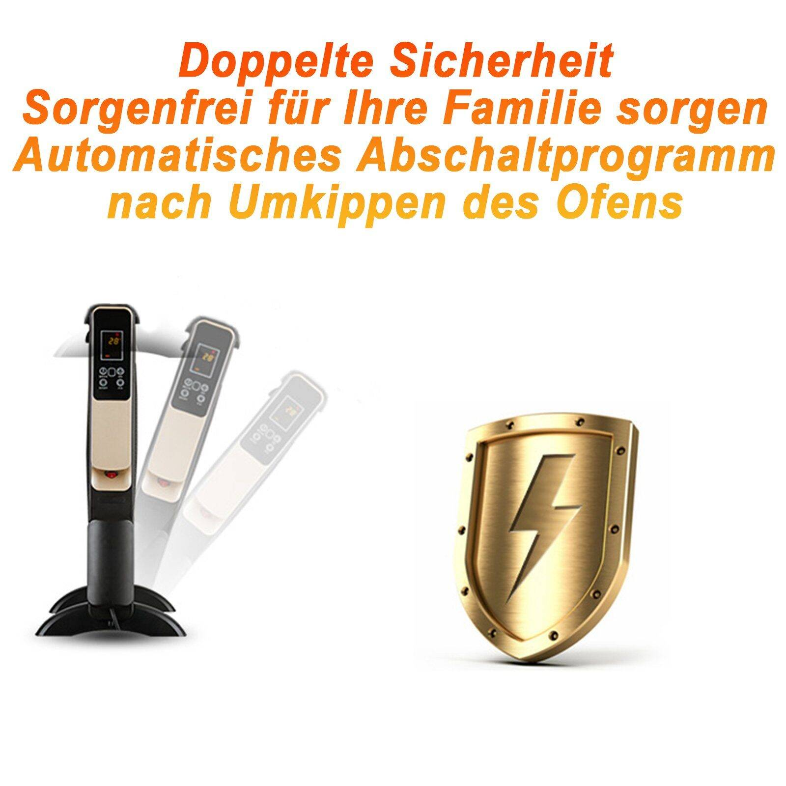 Ein Bild mit Text über Sicherheitsmerkmale und eine Illustration eines Heizgeräts.