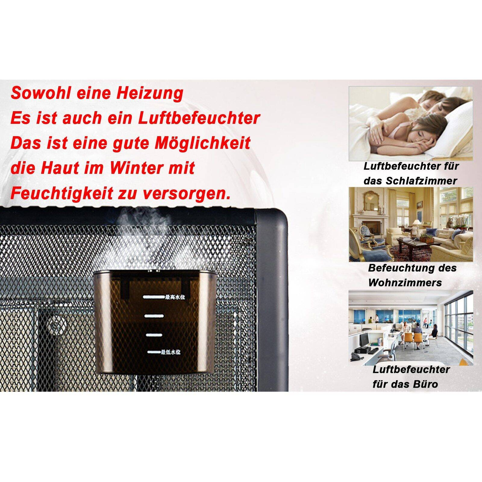 Luftbefeuchter mit Text, Heizung und Bildern von Schlafzimmern und Büros.