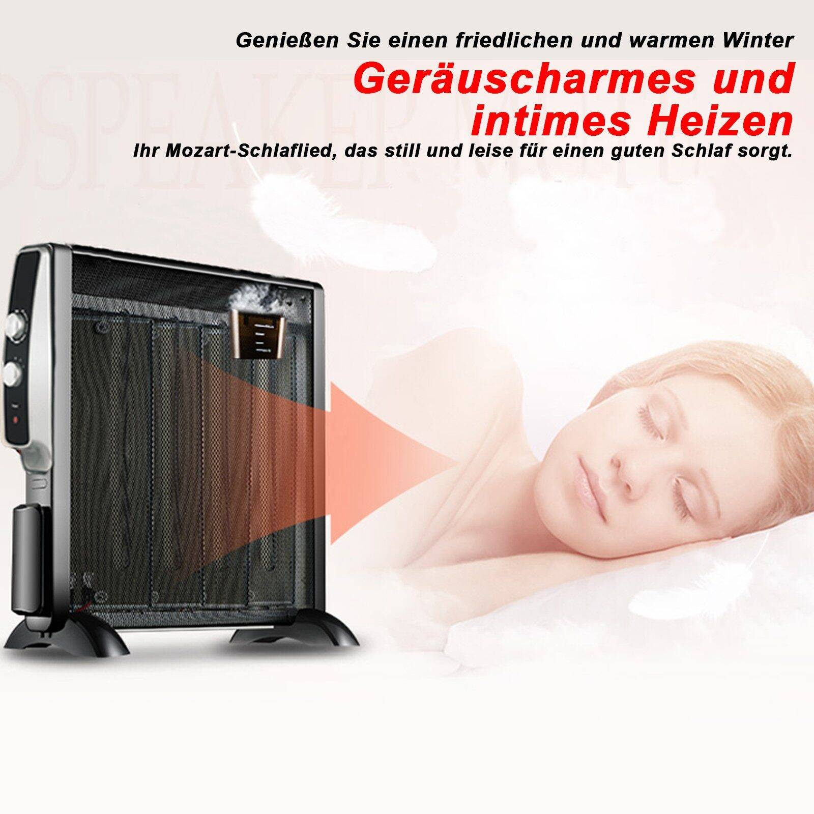 Heizgerät mit schlafender Frau, Text über Wärme und intimes Heizen, weißer Hintergrund.