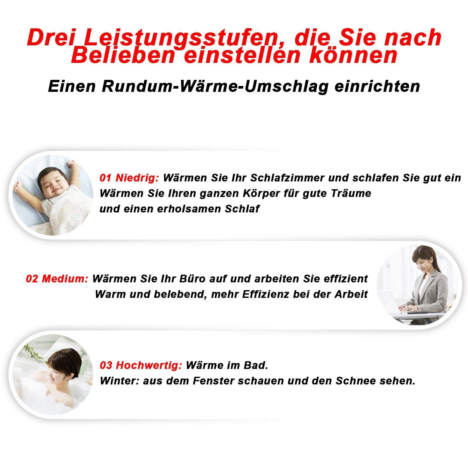 Text mit Bildern eines schlafenden Babys, einer Frau im Büro und einer Frau in der Badewanne.