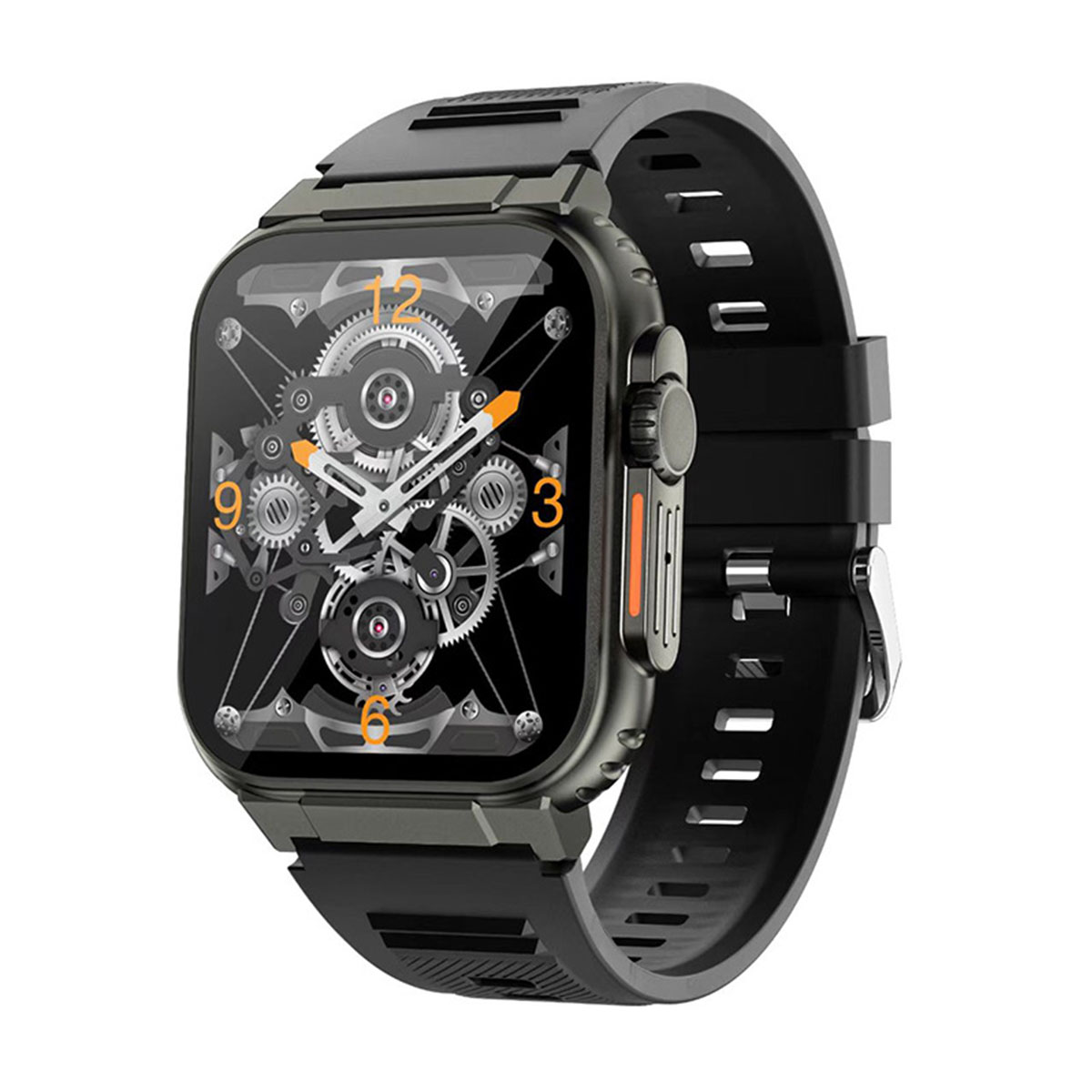 Schwarz-graue Smartwatch mit schwarzem Armband. Das Zifferblatt hat Zahnräder und Zahlen.