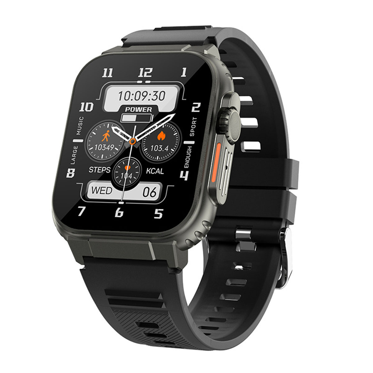 Eine schwarze Smartwatch mit digitaler Anzeige, die Zeit, Schritte und andere Fitnesswerte anzeigt. Sie hat ein schwarzes Armband.