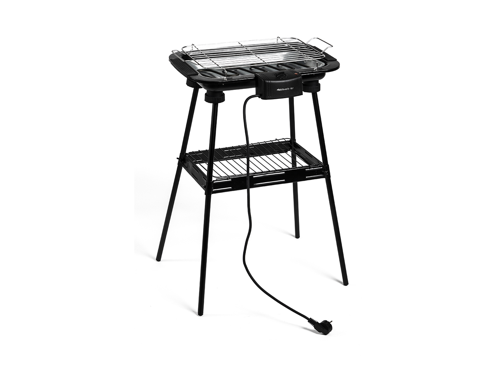 Schwarzer Elektrogrill auf einem Ständer auf weißem Hintergrund.