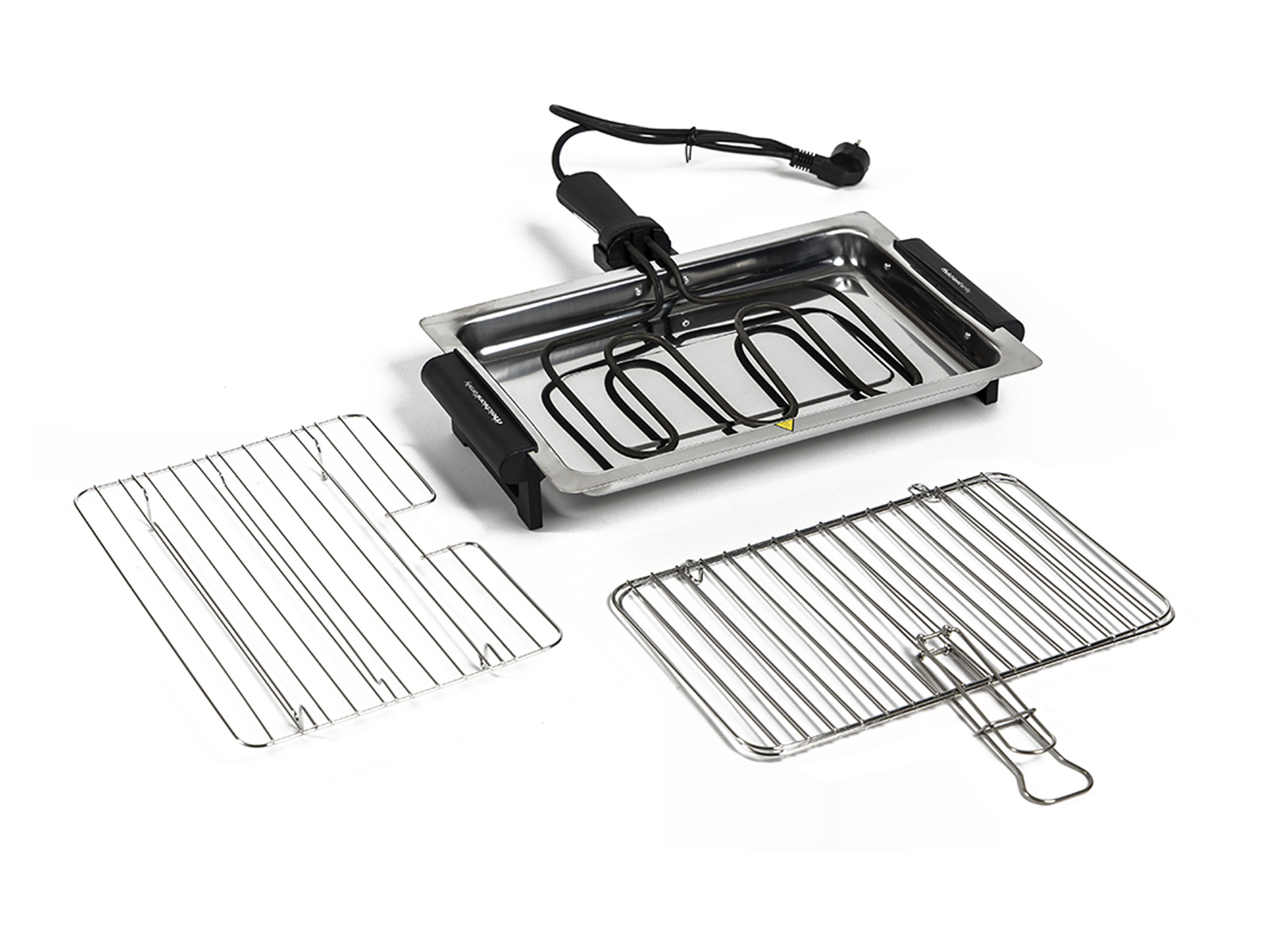 Elektrischer Grill mit abnehmbaren Teilen, einschließlich Heizelement und zwei Rosten. Weißer Hintergrund.