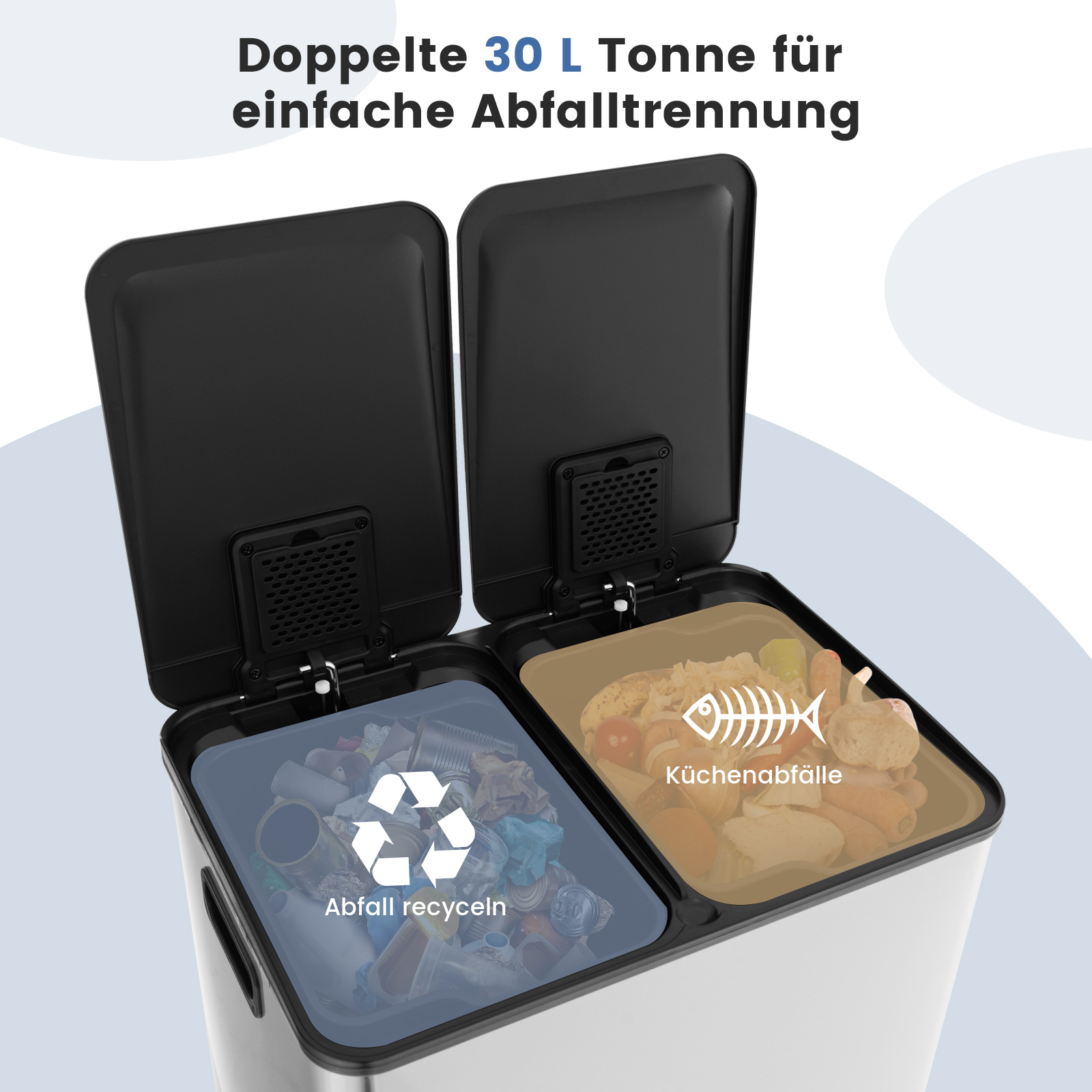 Doppelter Mülleimer für Recycling und Küchenabfälle, weiß und grau, offene Deckel.