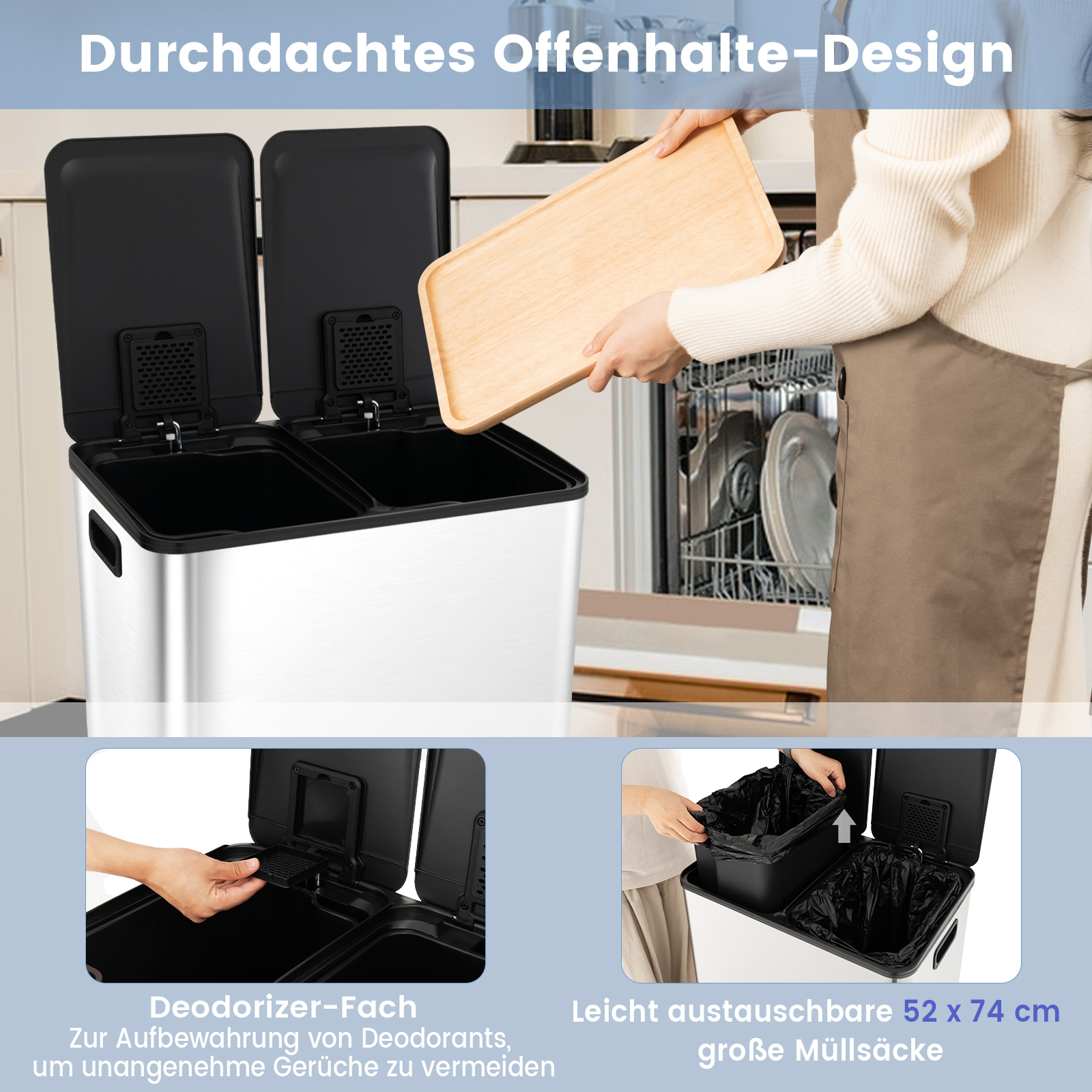Ein Mülleimer aus Edelstahl mit zwei Fächern, mit Detailaufnahme von Deckel und Beuteln.