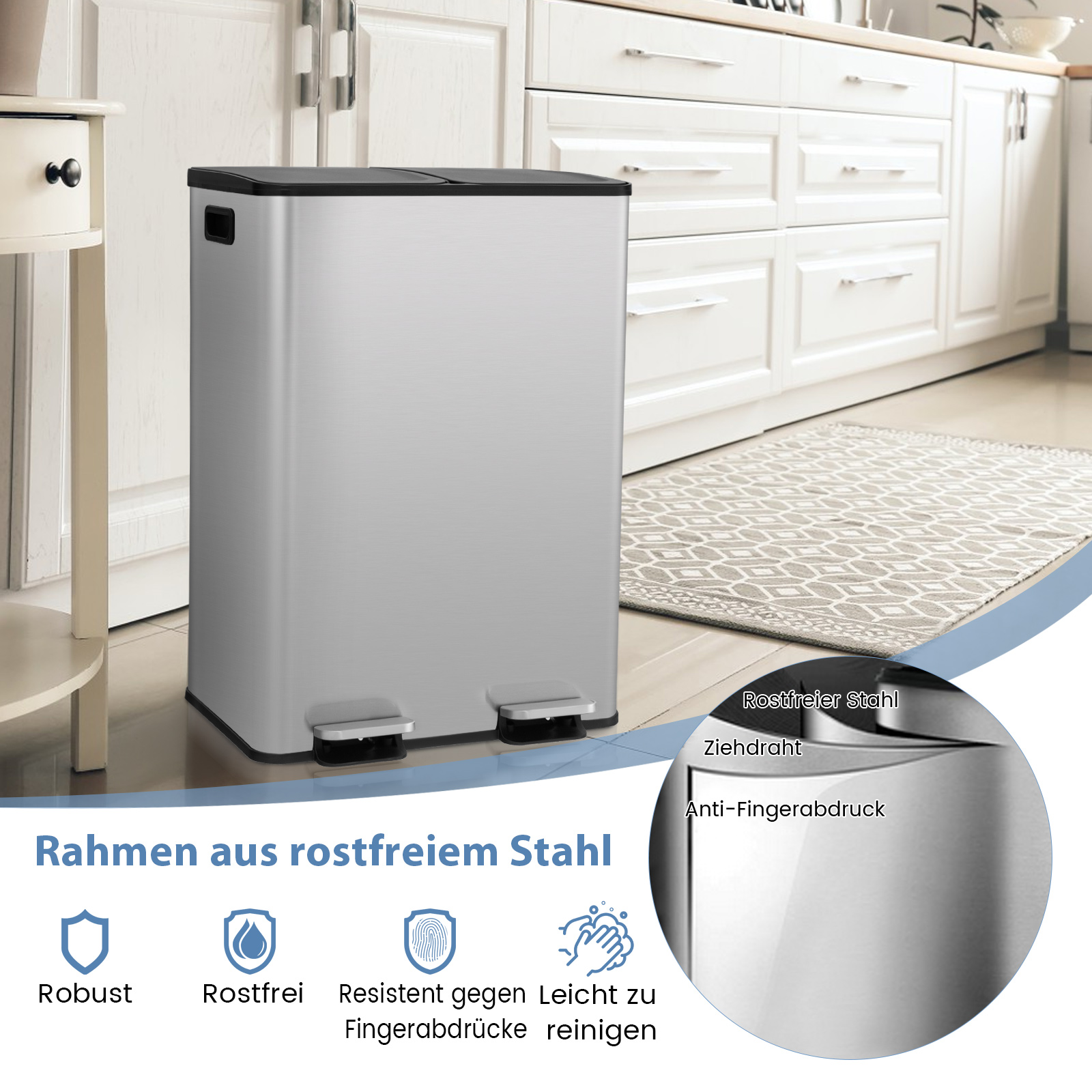 Edelstahl-Mülleimer mit zwei Fächern, Fußpedalen und Textbeschriftung.
