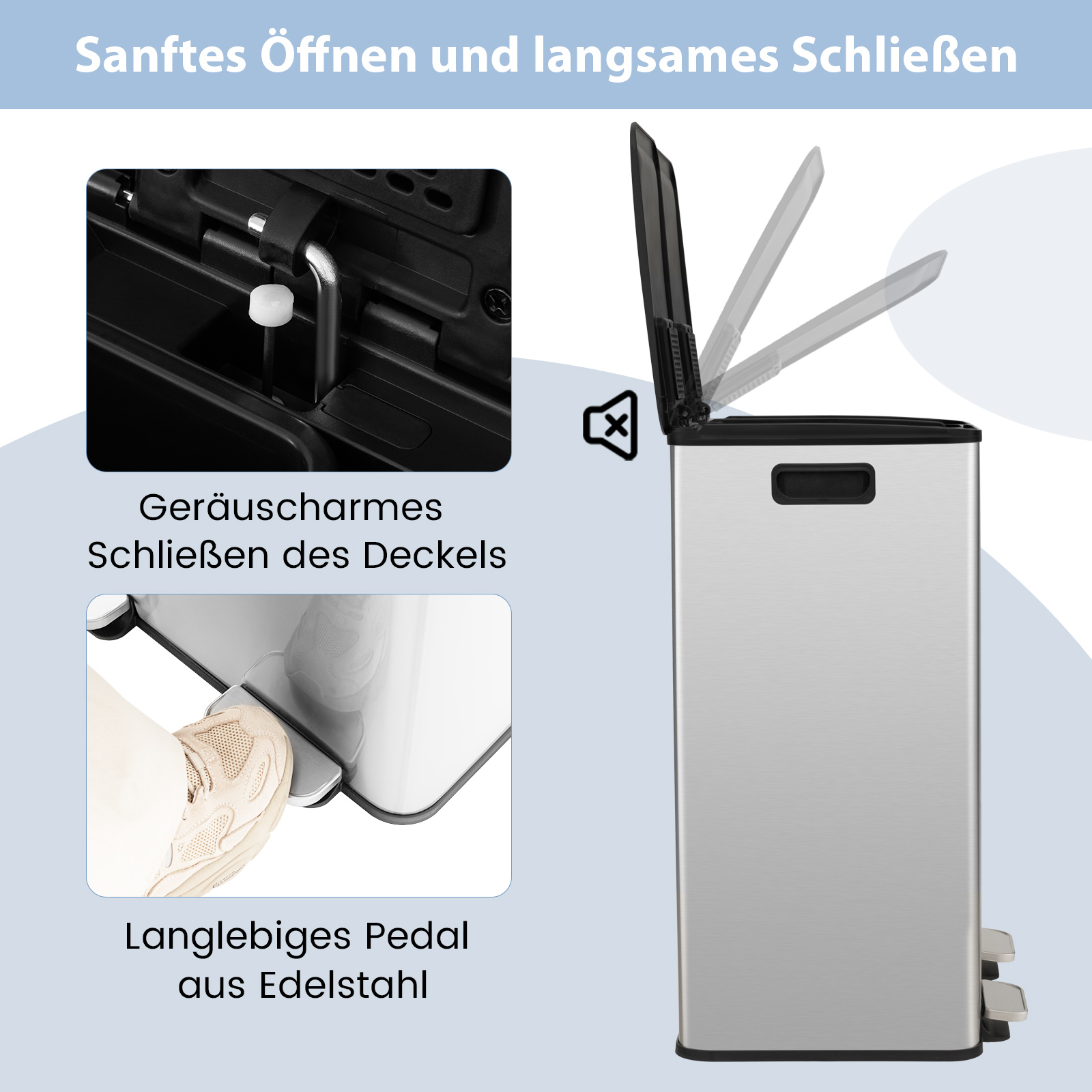 Nahaufnahme eines Edelstahl-Mülleimers mit offenem Deckel und Fußpedal. Öffnen und Schließen.