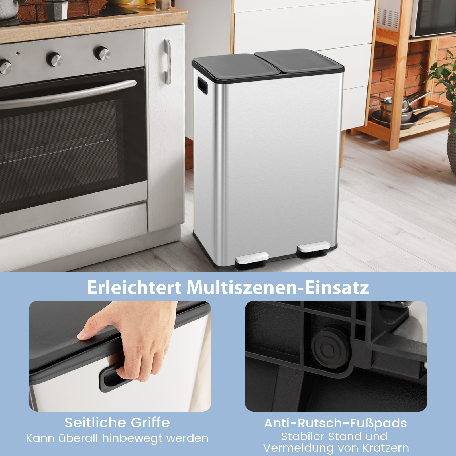 Edelstahl-Mülleimer mit zwei Fächern, eines mit offenem schwarzem Deckel. Küchenumgebung.