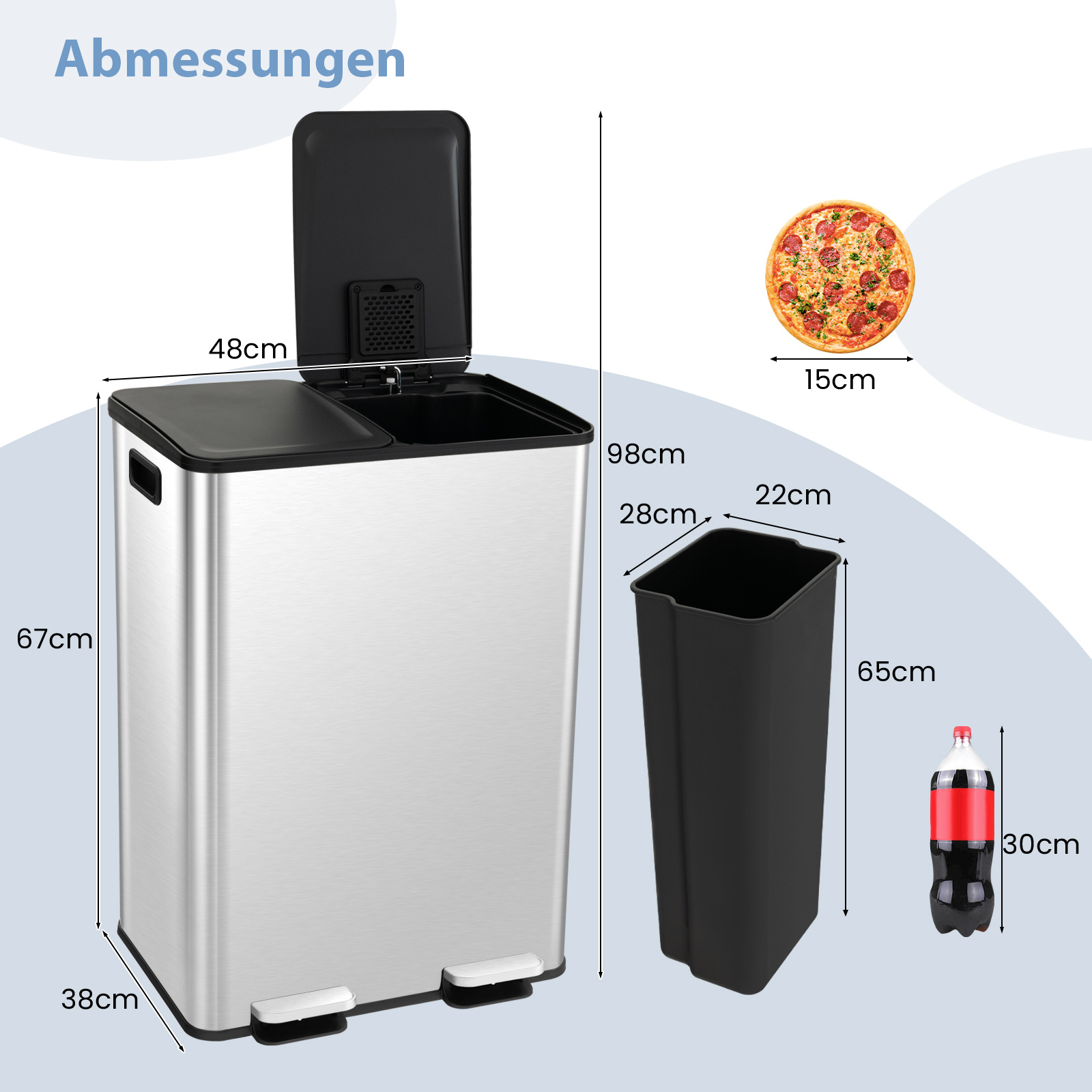 Ein Mülleimer aus Edelstahl, schwarze Tonne, Pizza und eine Sodabottle. Abmessungen sind beschriftet.