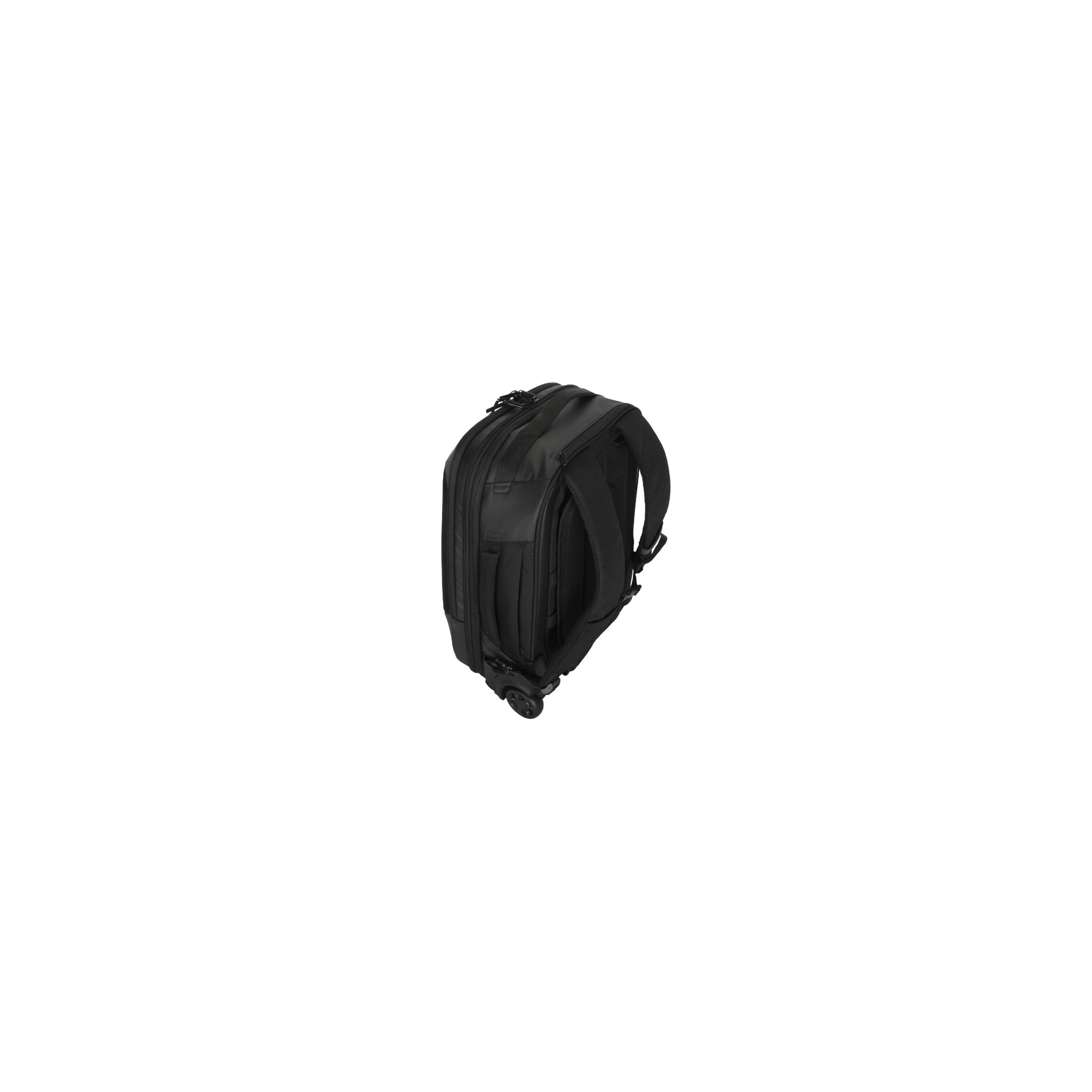 Mochila negra con ruedas, vista desde arriba.