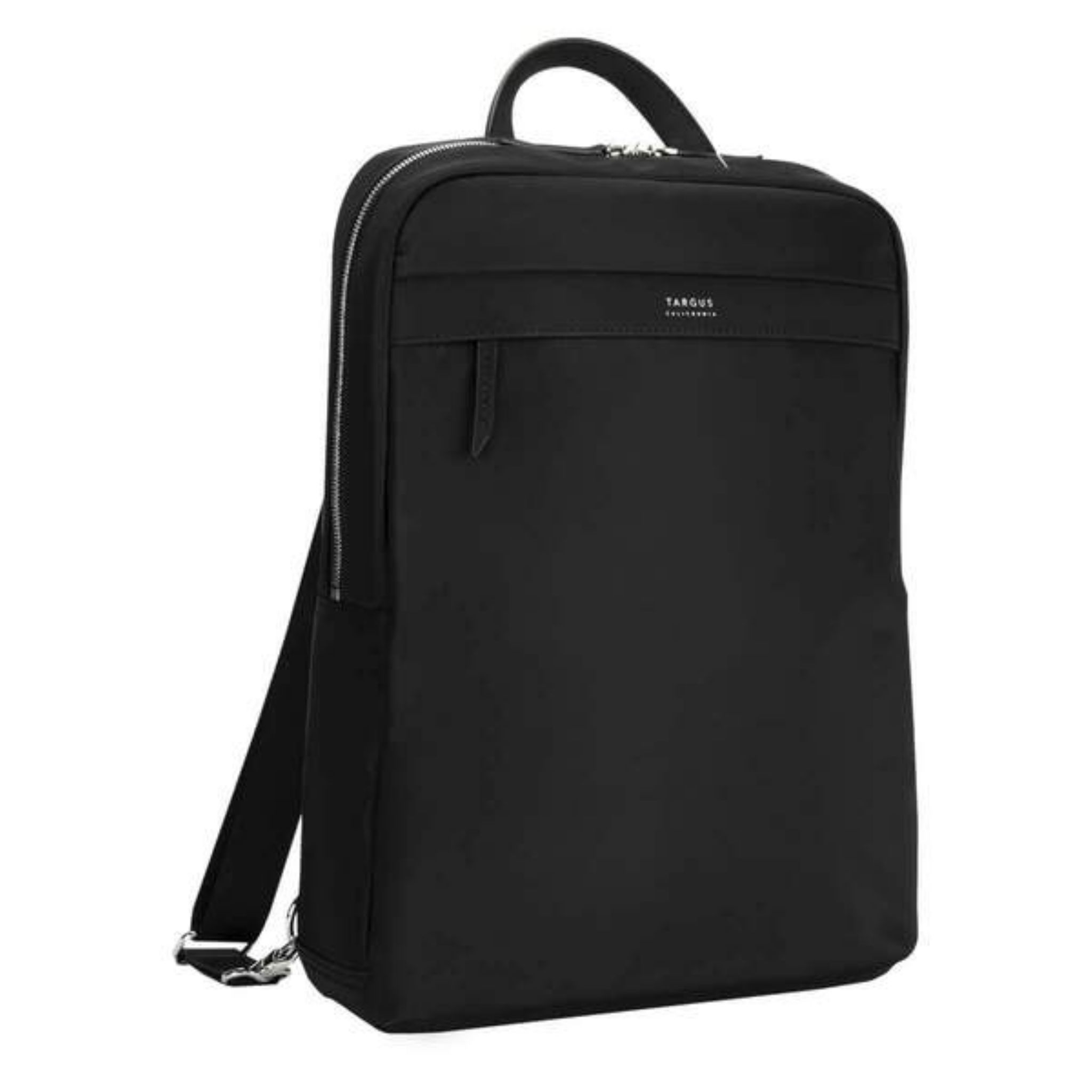 Zaino Targus nero con maniglia e tracolla. La borsa è su sfondo bianco.