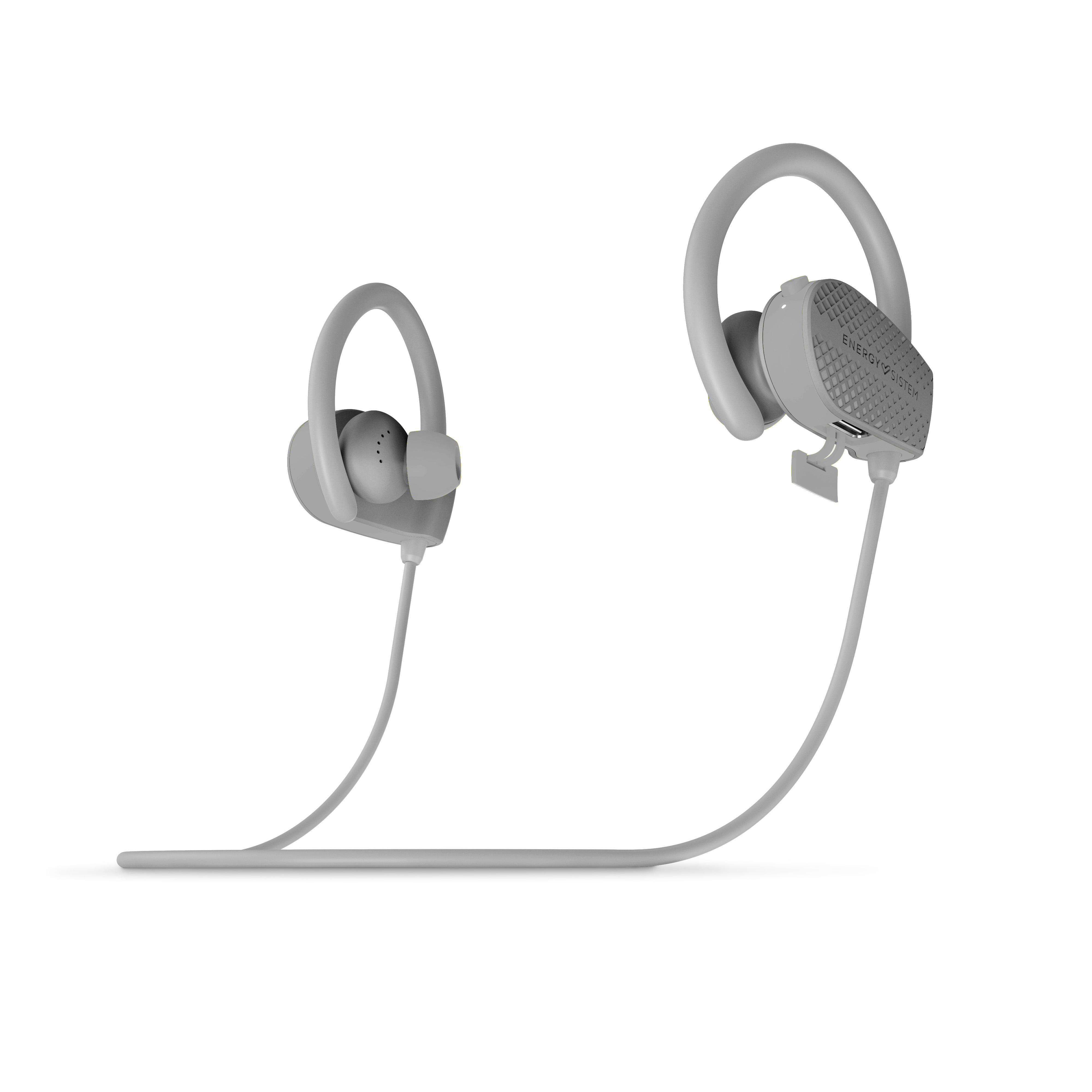 Due auricolari sportivi wireless grigi con ganci per le orecchie e un filo di collegamento.