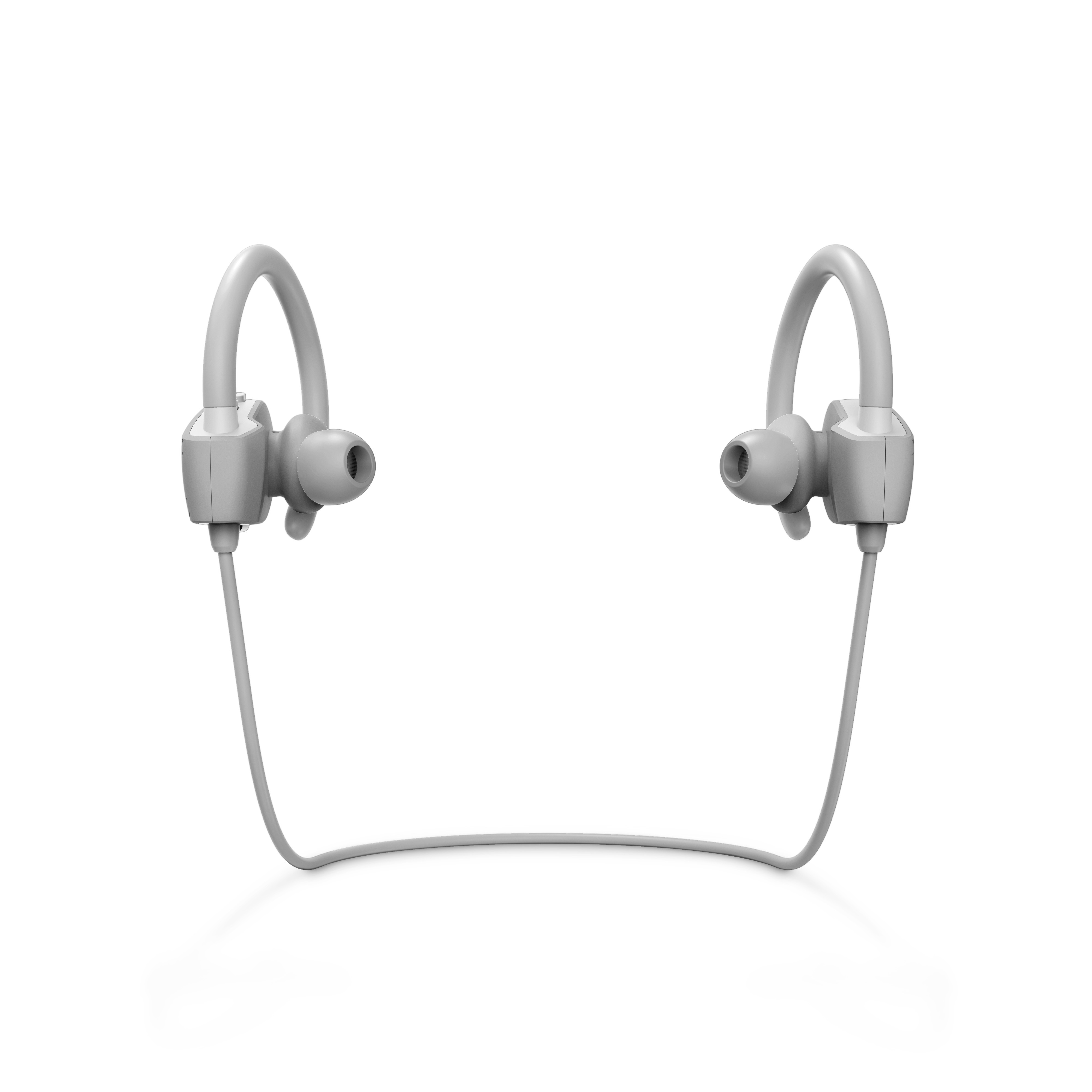 Auricolari wireless grigi con ganci per le orecchie. Sono collegati da un sottile filo grigio.