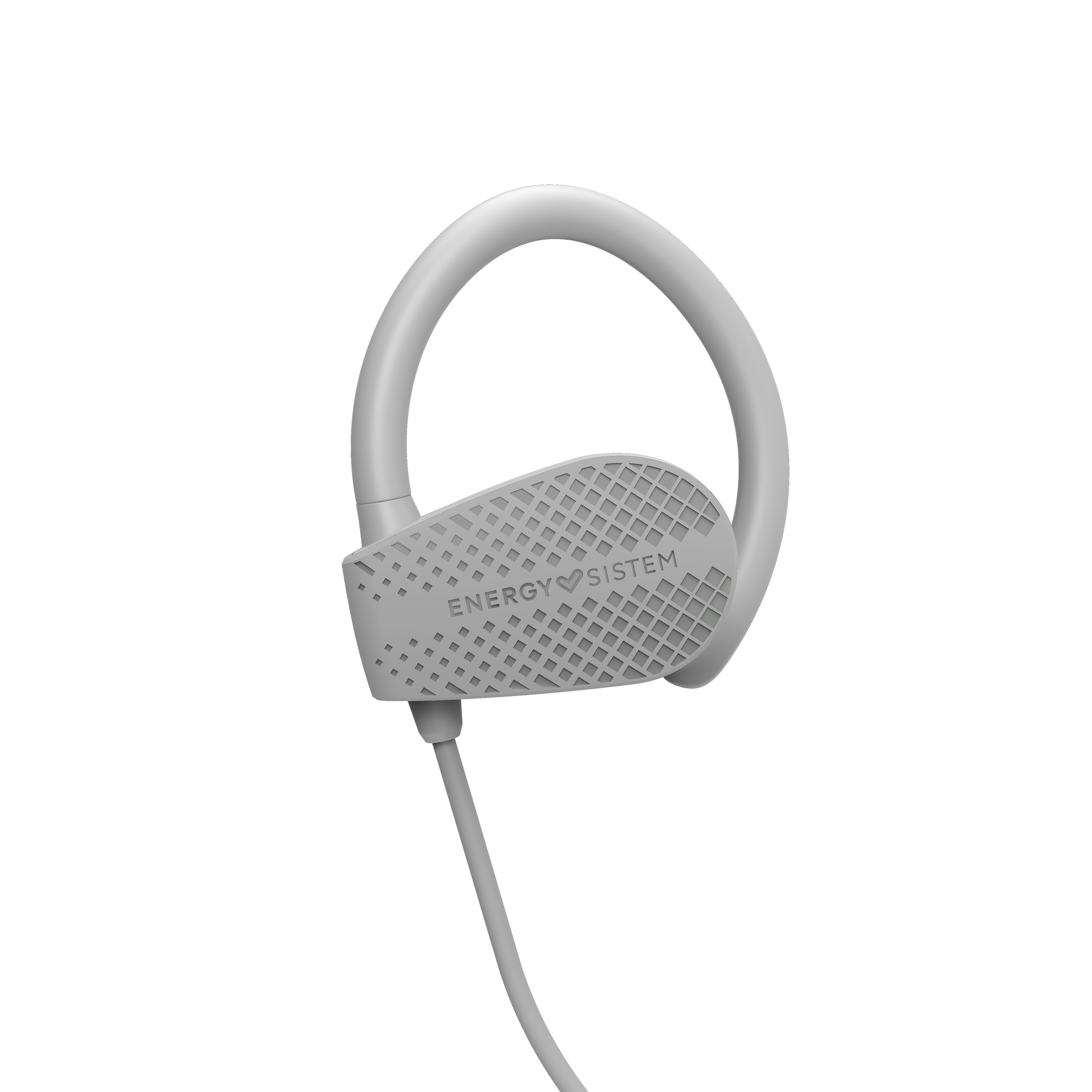 Un auricolare wireless grigio. L'auricolare ha un design curvo e il marchio ENERGY SISTEM è visibile.