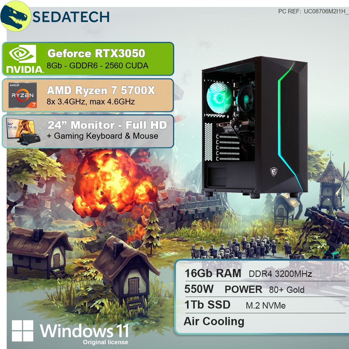 SEDATECH AMD 8 GB 7 GB SSD, 7 Geforce 5700X, GB RAM, 16 Prozessor, RTX3050, Ryzen 1000 Gaming PC 5700X Ryzen mit AMD
