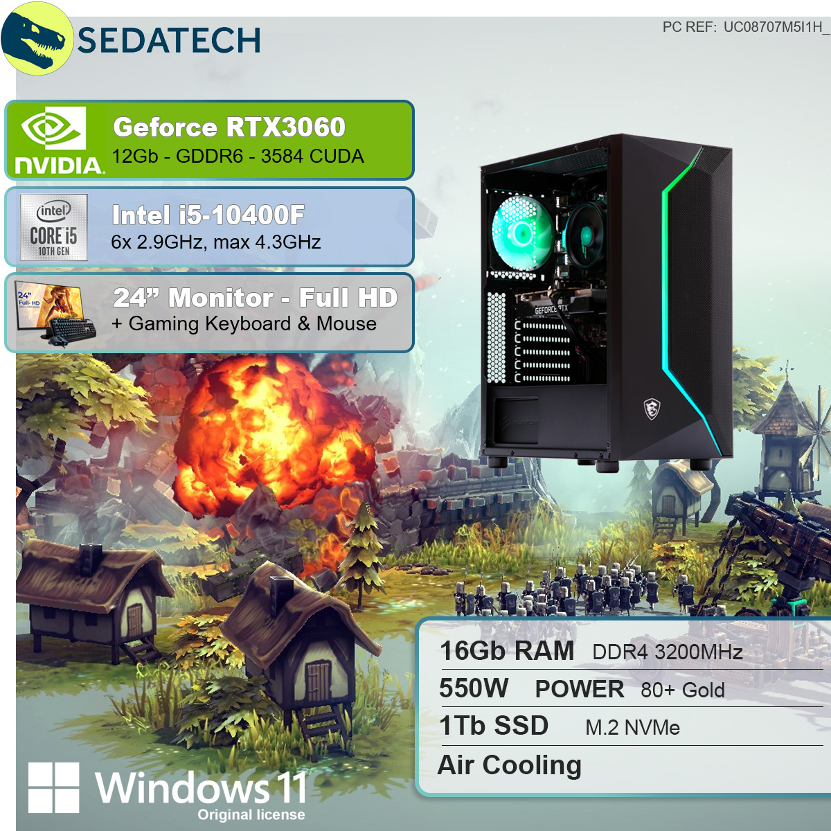 SEDATECH Intel i5-10400F, Gaming PC Intel SSD, RAM, mit i5-10400F 12 Prozessor, GB 16 RTX3060, Geforce GB 1000 GB