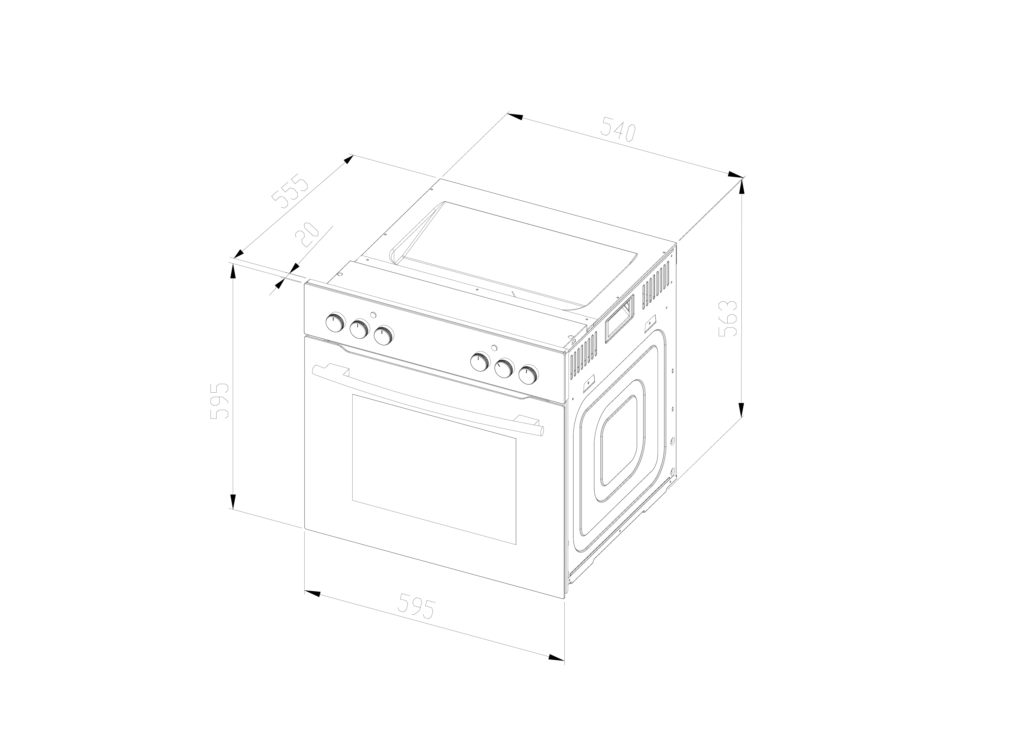 Ofendiagramm mit Abmessungen. Weiße Linien auf weißem Grund.