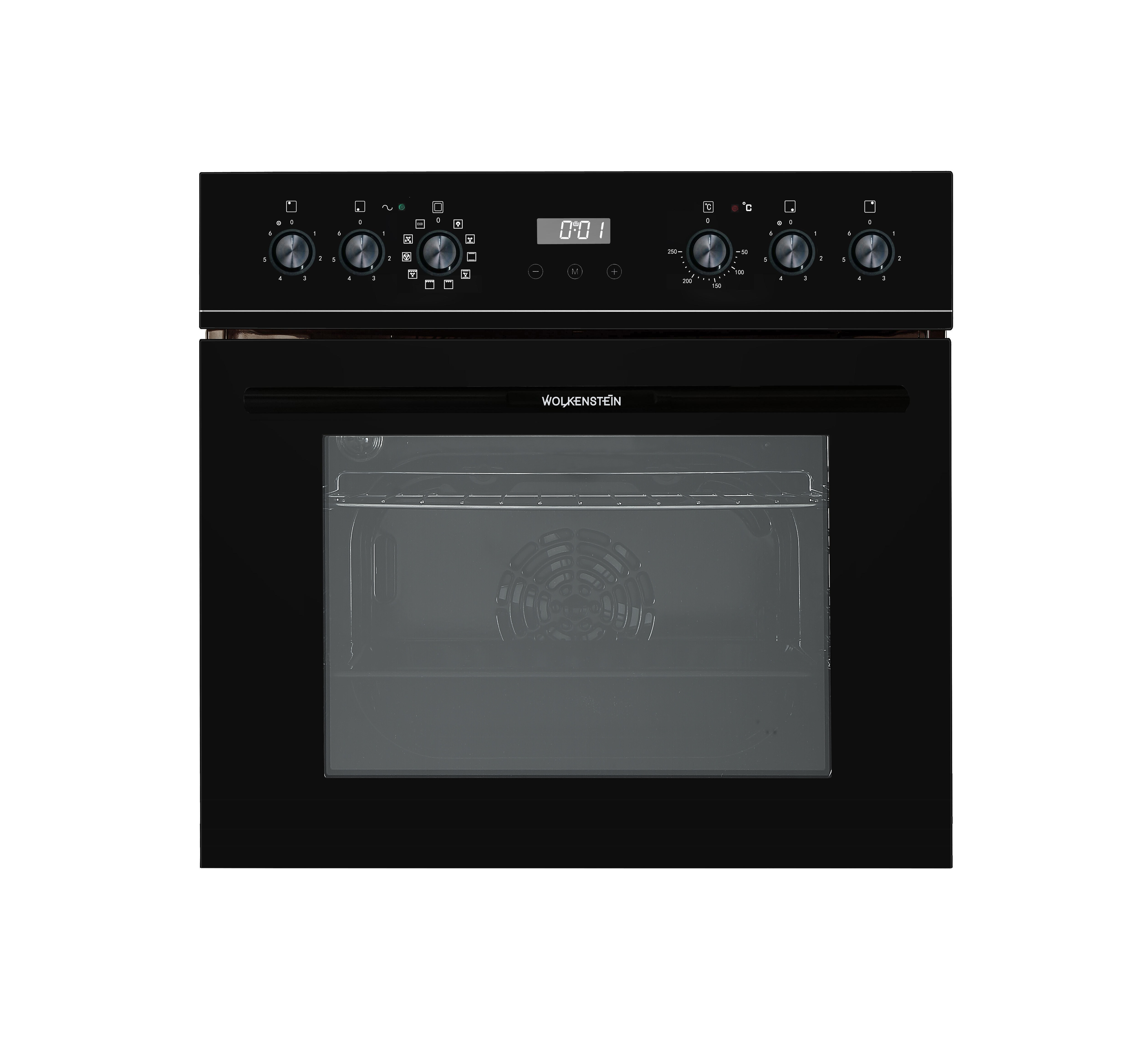 Schwarzer Backofen mit Digitaluhr und Bedienfeld. Weißer Hintergrund.