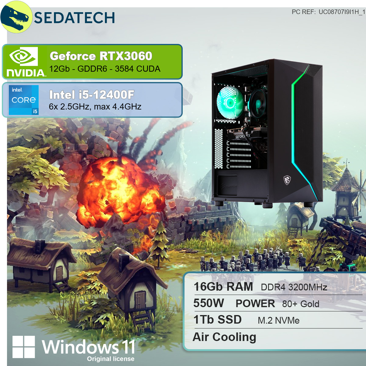 SEDATECH Intel i5-12400F, Gaming Windows Core™ NVIDIA Home 3060, SSD, RTX™ mit 1000 GB mehrsprachig, Prozessor, i5 PC 16 12 11 GB Intel® GeForce GB RAM