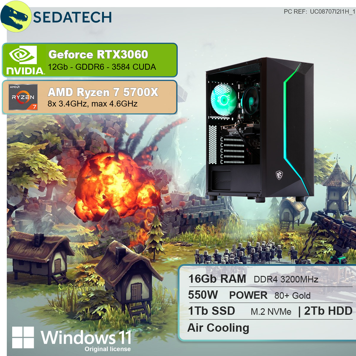 NVIDIA GeForce GB GB 3060, mit HDD, 2000 AMD mehrsprachig, 5700X, PC 7 16 GB Ryzen™ AMD RAM, Prozessor, Gaming SSD, Ryzen GB SEDATECH RTX™ 11 7 12 1000 Home Windows