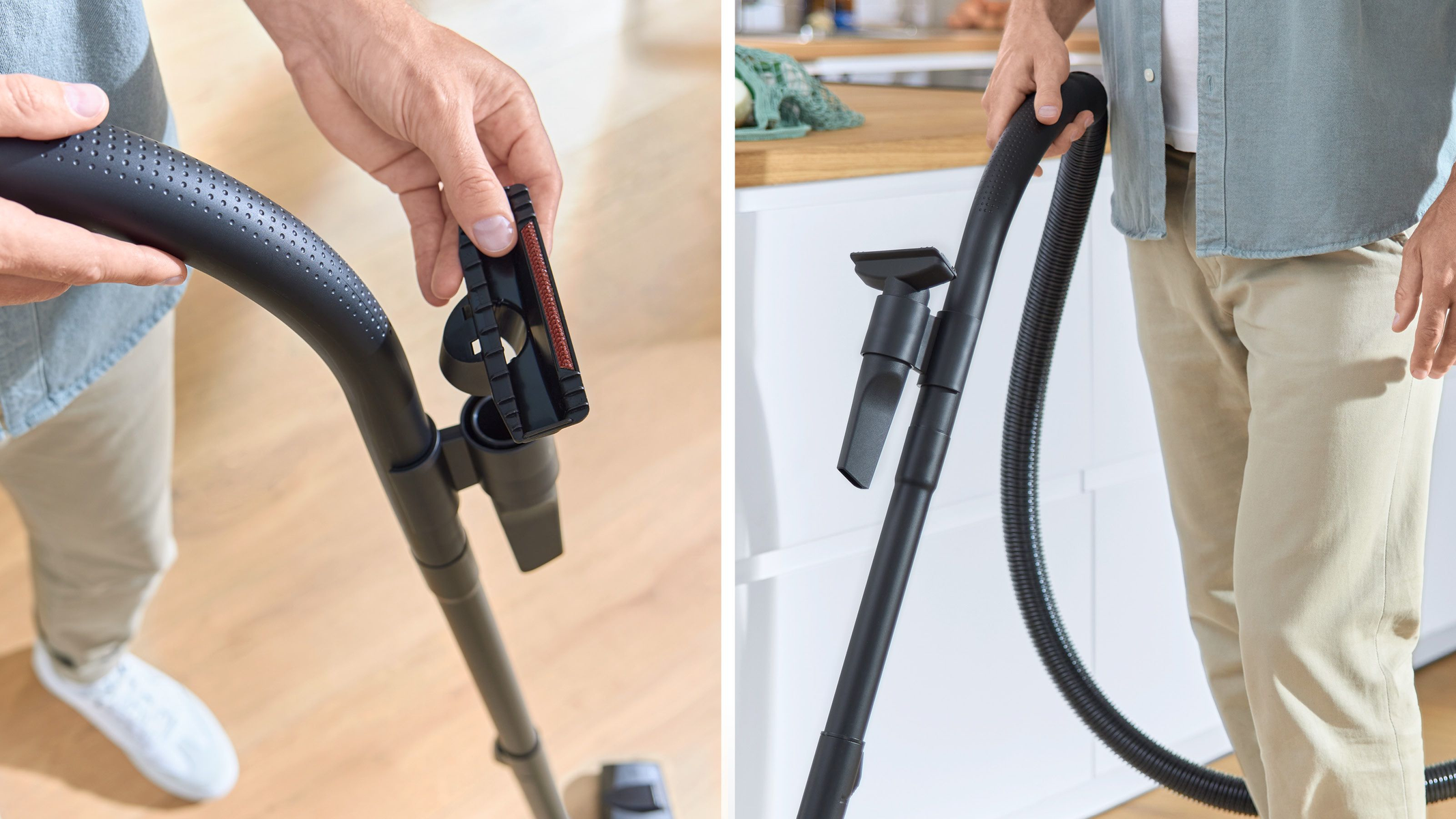 Dwa obrazy pokazujące osobę mocującą nasadki do odkurzacza. Jeden pokazuje nasadkę.