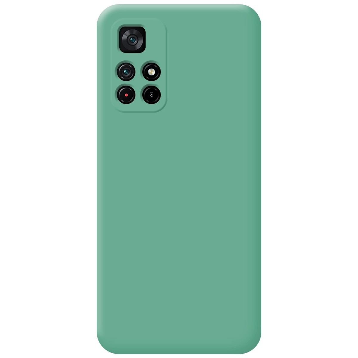Una custodia per telefono color verde acqua, con un modulo fotocamera sul retro.