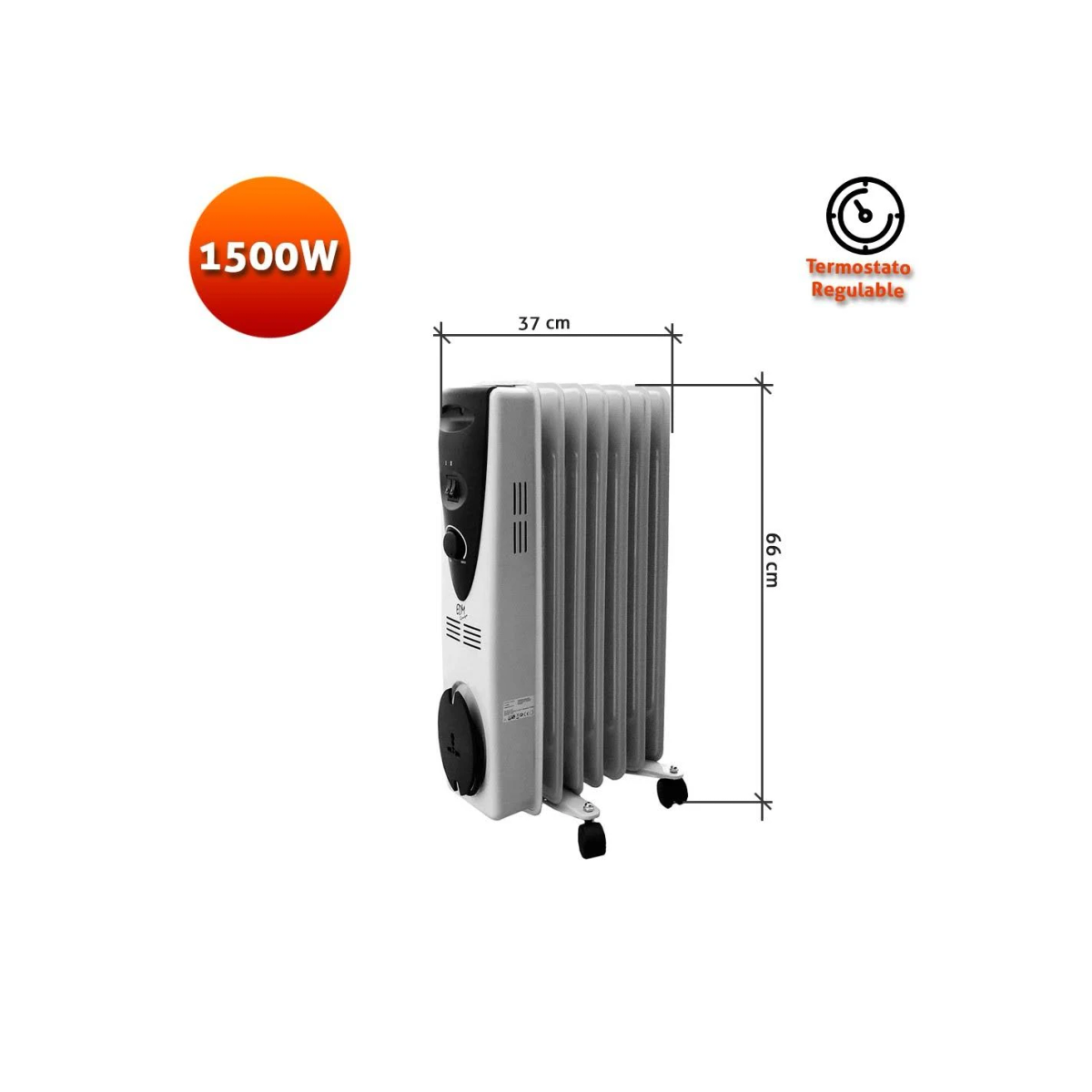 Weißer Elektroheizer mit Maßangaben. Rotes Schild zeigt 1500W.