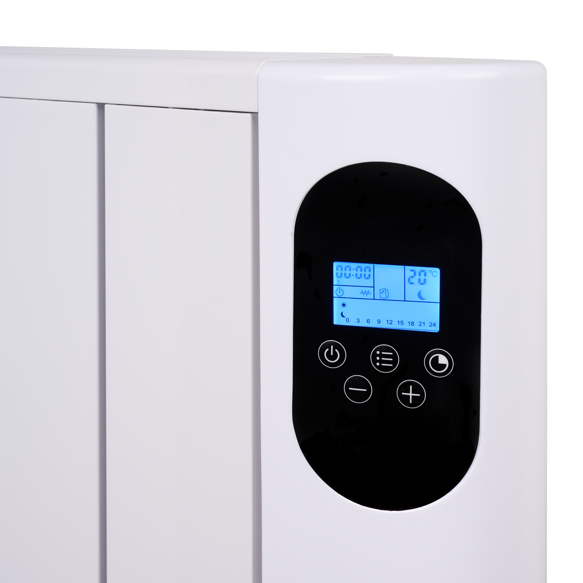 Termosifone elettrico bianco con display digitale che mostra ora, temperatura e varie icone di controllo.