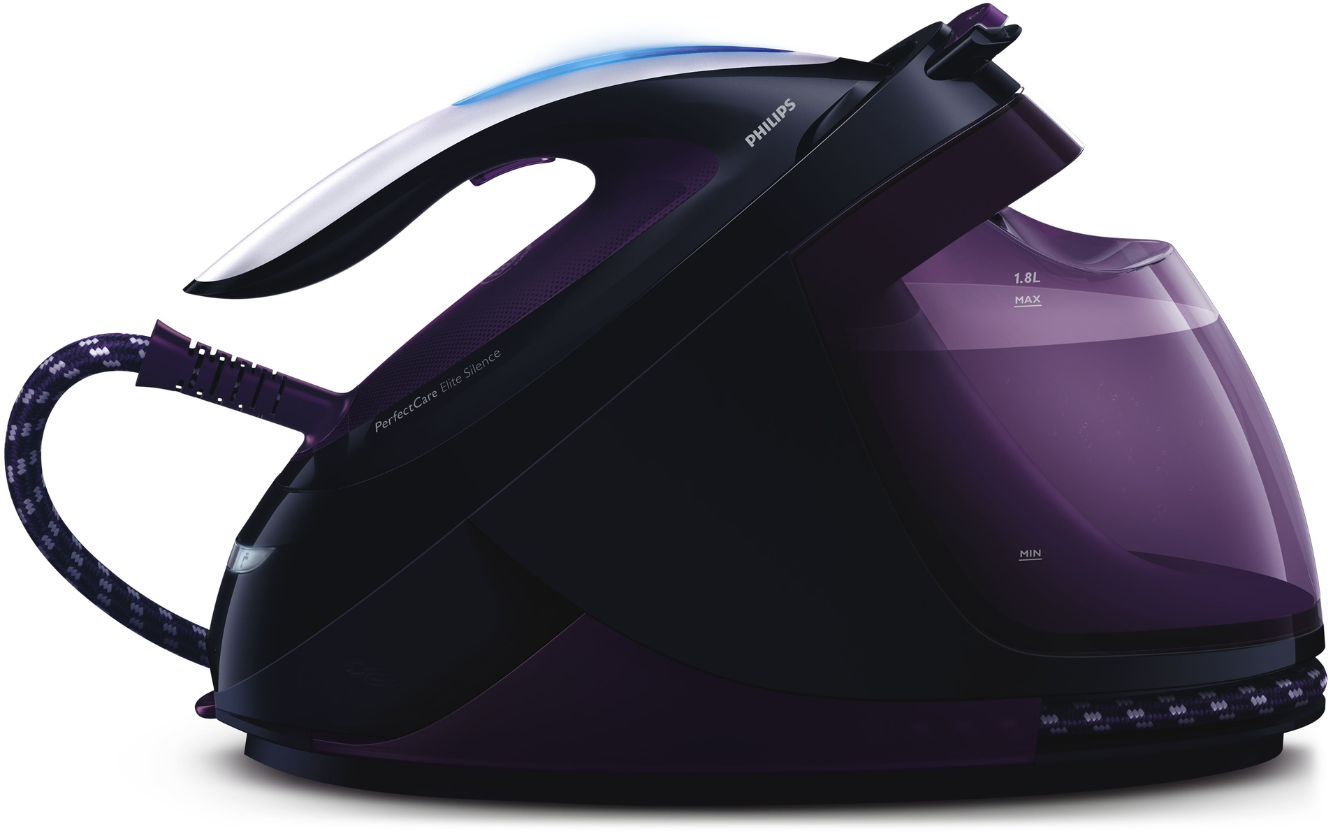Ein Philips Dampfbügeleisen, schwarz und lila, mit Wassertank. Der Griff ist weiß und silber.