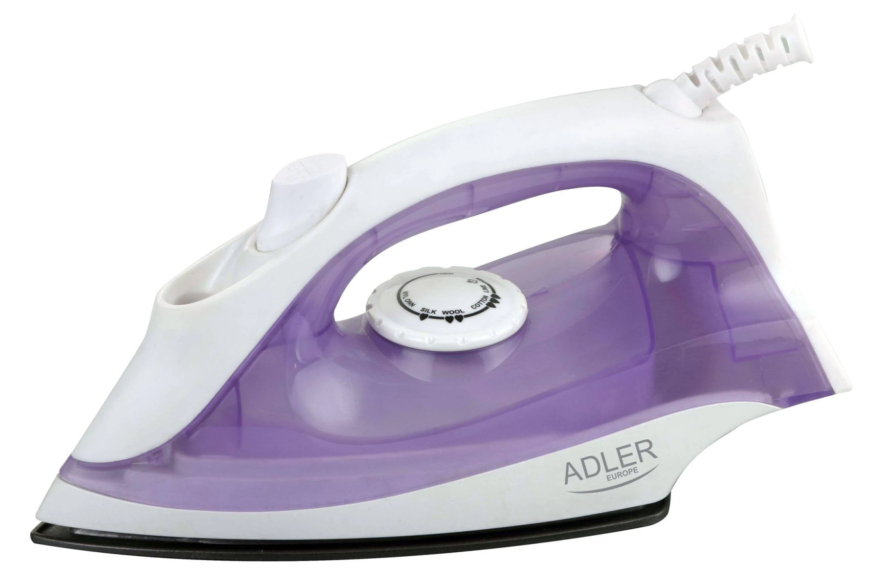 Plancha blanca y morada con dial, asa y cable. Marca en el lateral.