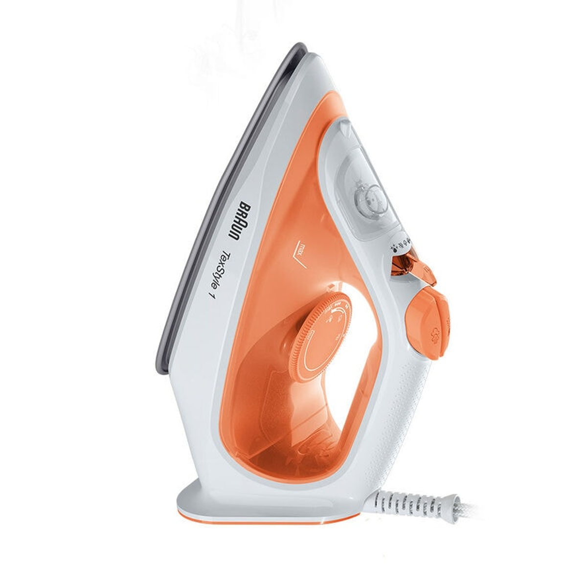 Ein orangefarbenes und weißes Bügeleisen auf einer weißen Oberfläche. Das Bügeleisen ist abgewinkelt und hat ein Kabel.
