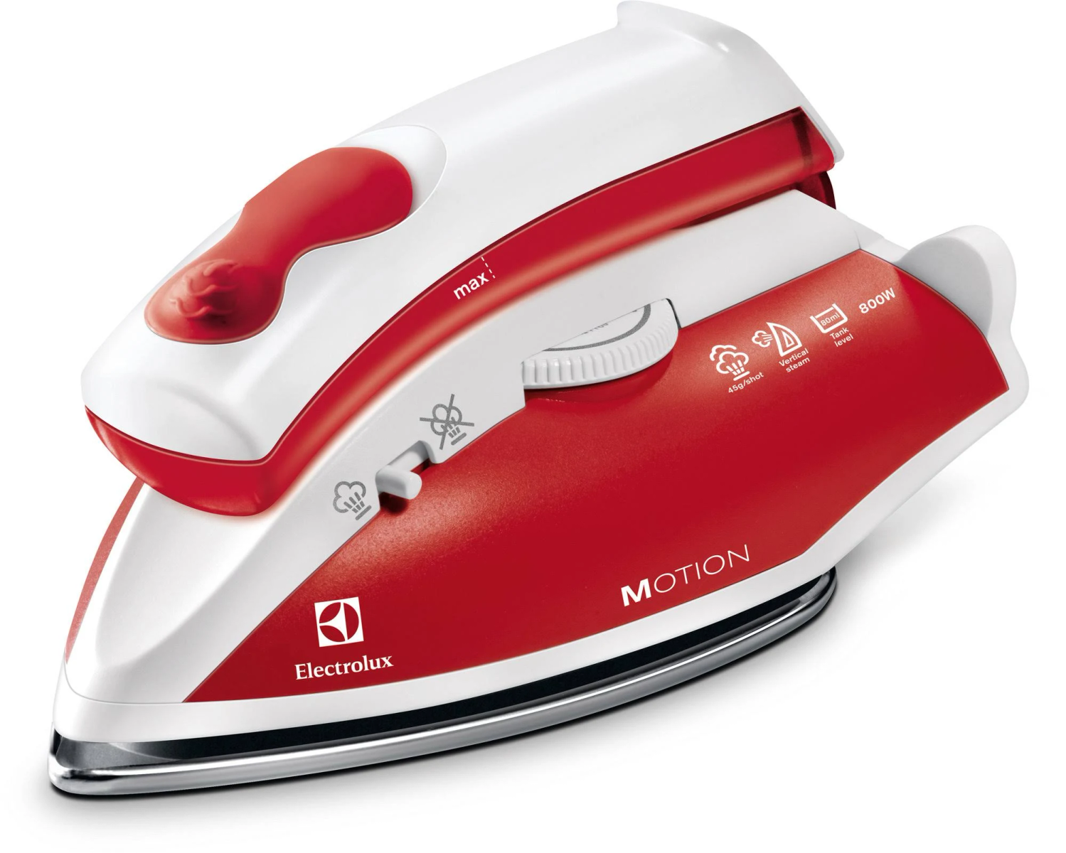 Ferro da stiro Electrolux rosso e bianco. Include manico rosso, manopola temperatura e logo Motion.