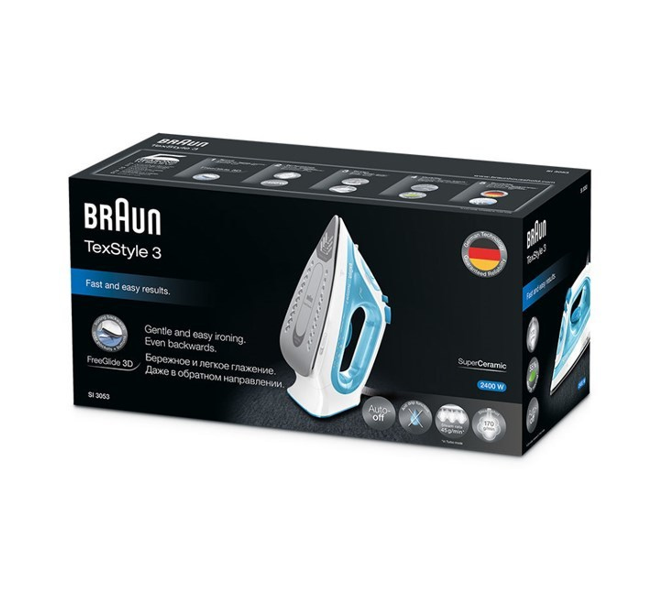 Ein Braun TexStyle 3 Bügeleisen in seinem Karton, mit Text über Funktionen und Designelemente.