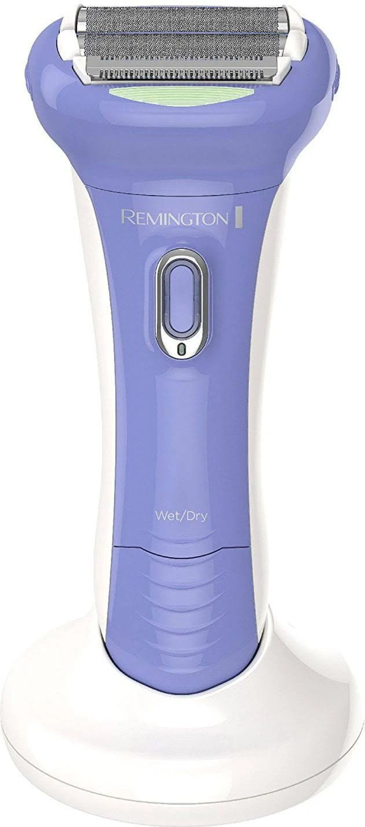 Fioletowo-biała golarka elektryczna ze srebrną głowicą, spoczywająca na białej podstawie.