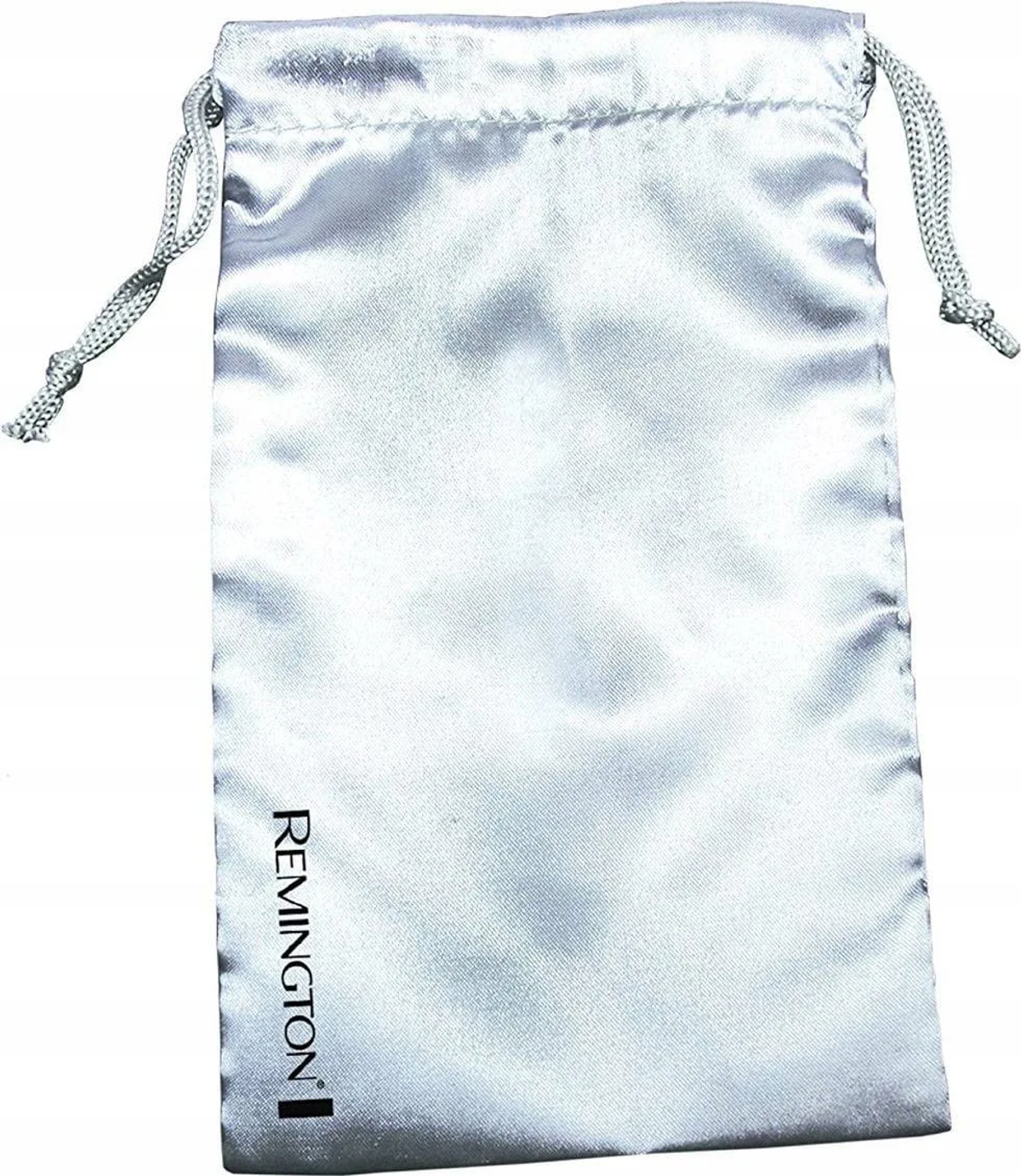 Srebrny satynowy woreczek ze sznurkiem z napisem 'REMINGTON'.