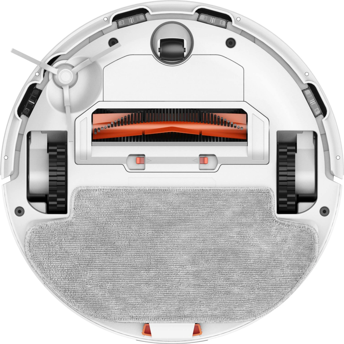 Robot aspirador, blanco y circular con almohadilla de limpieza gris y cepillo naranja.
